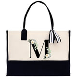 Floral Monogram Beach Canvas Tote Bag Initial Tote Bag Letter Tote Bag Birthday Gift Personalized Tote Bag Personalized Beach Bag - Aaria Tees Aaria Tees