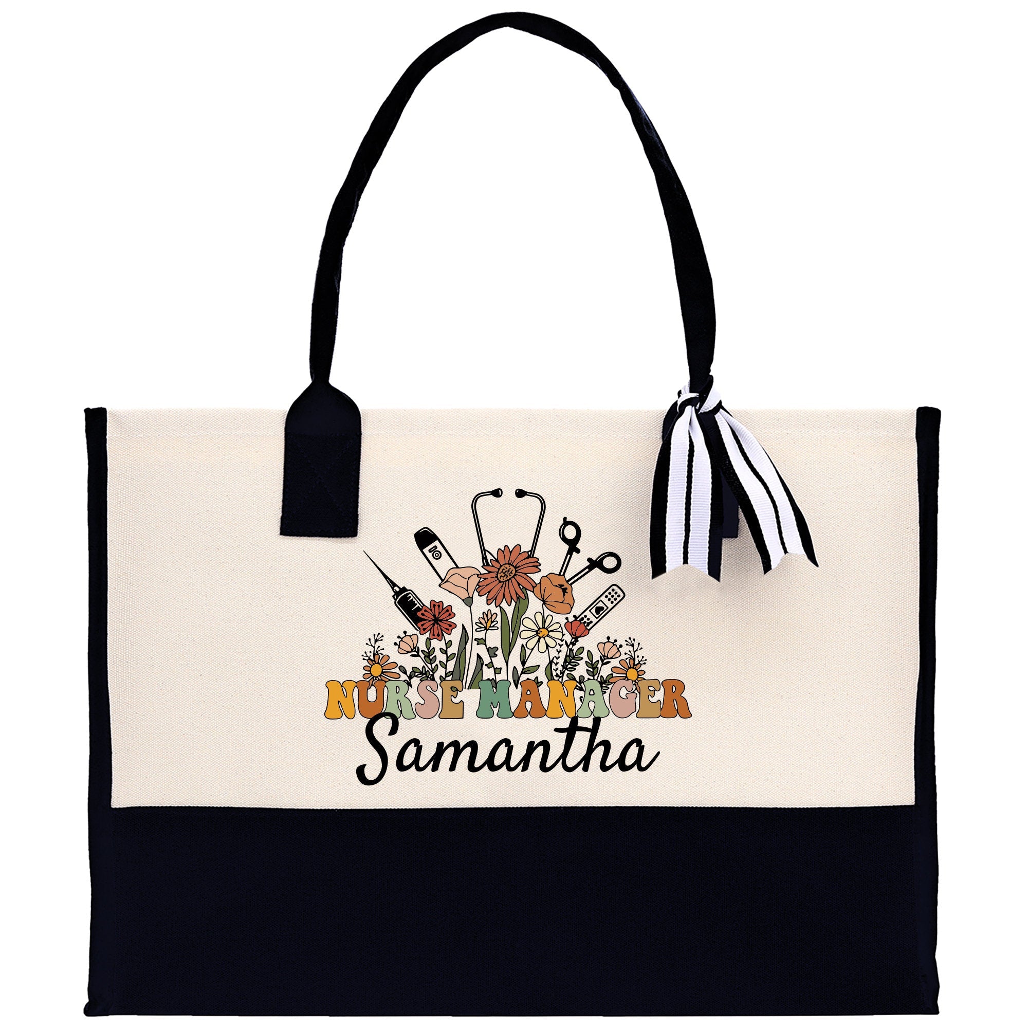 Floral Nurse Manager Name Custom Cotton Canvas Tote Bag Personalized Tote Bag Nurse Gift Registered Nurse Tote RN Tote RN Gift - Aaria Tees Aaria Tees