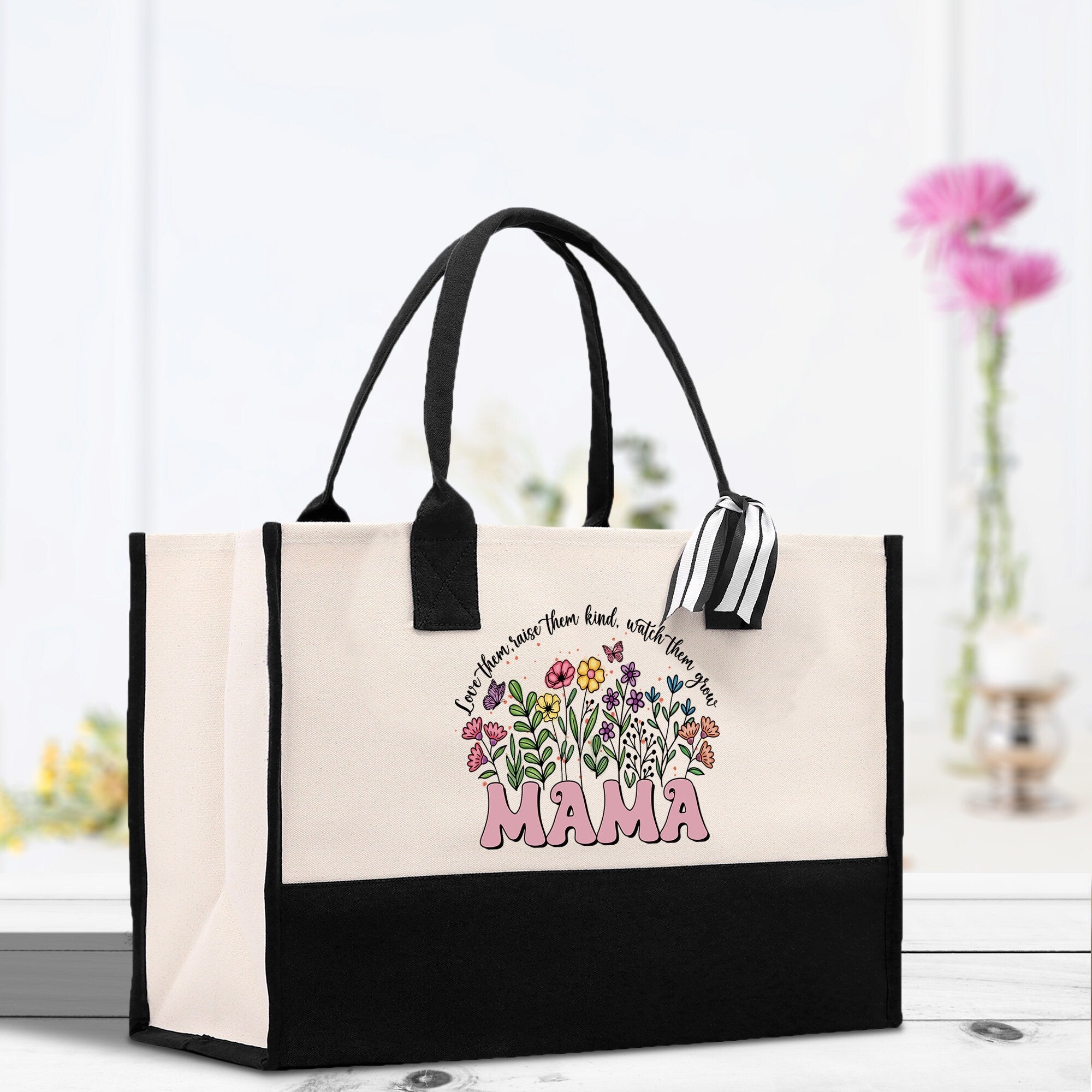 Floral Love Them Raise Them Kind Watch Them Grow Mama Cotton Canvas Tote Bag Mom Gift Mom Shopping Bag Best Mom Ever Bag Boy Girl Mama Tote - Aaria Tees Aaria Tees