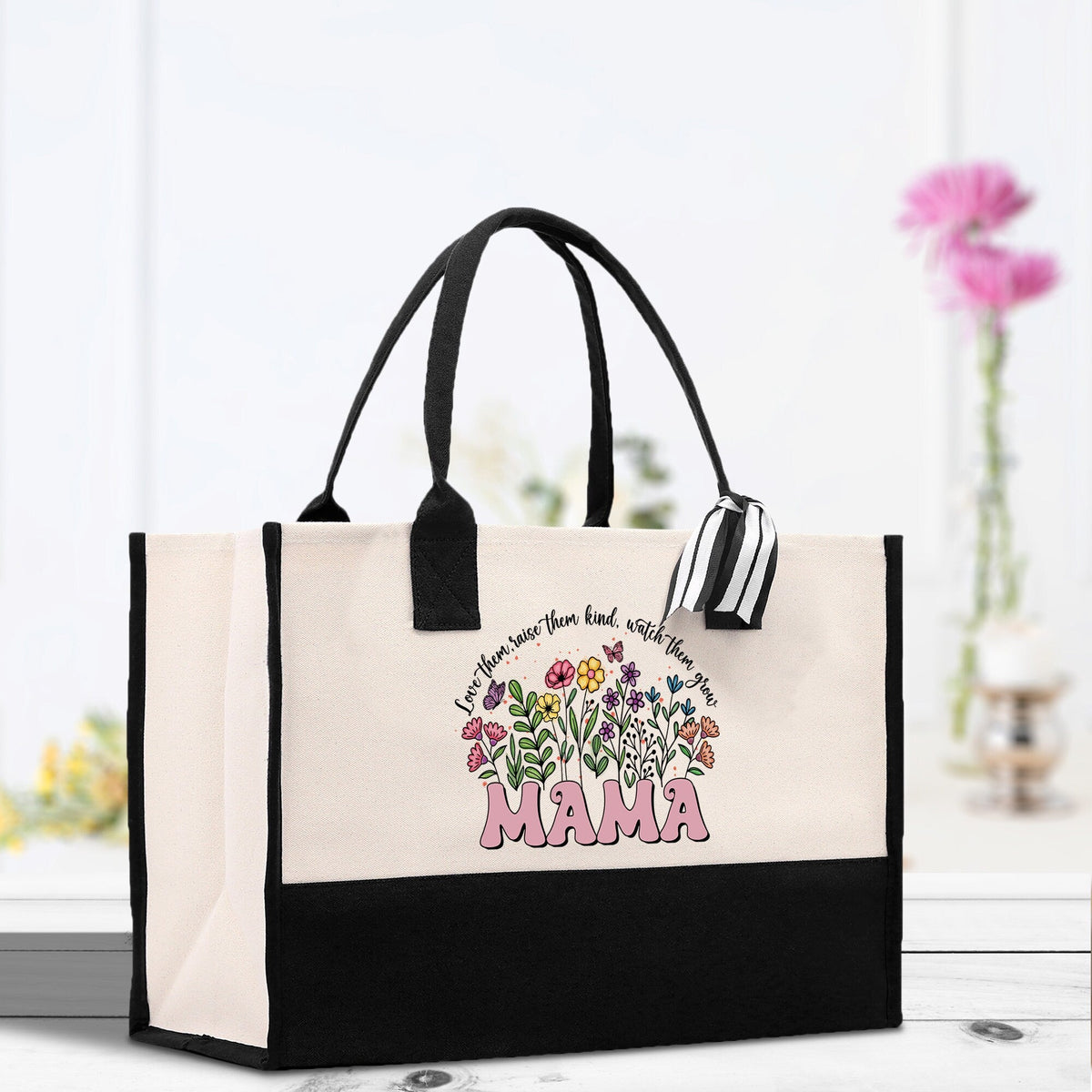 Floral Love Them Raise Them Kind Watch Them Grow Mama Cotton Canvas Tote Bag Mom Gift Mom Shopping Bag Best Mom Ever Bag Boy Girl Mama Tote - Aaria Tees