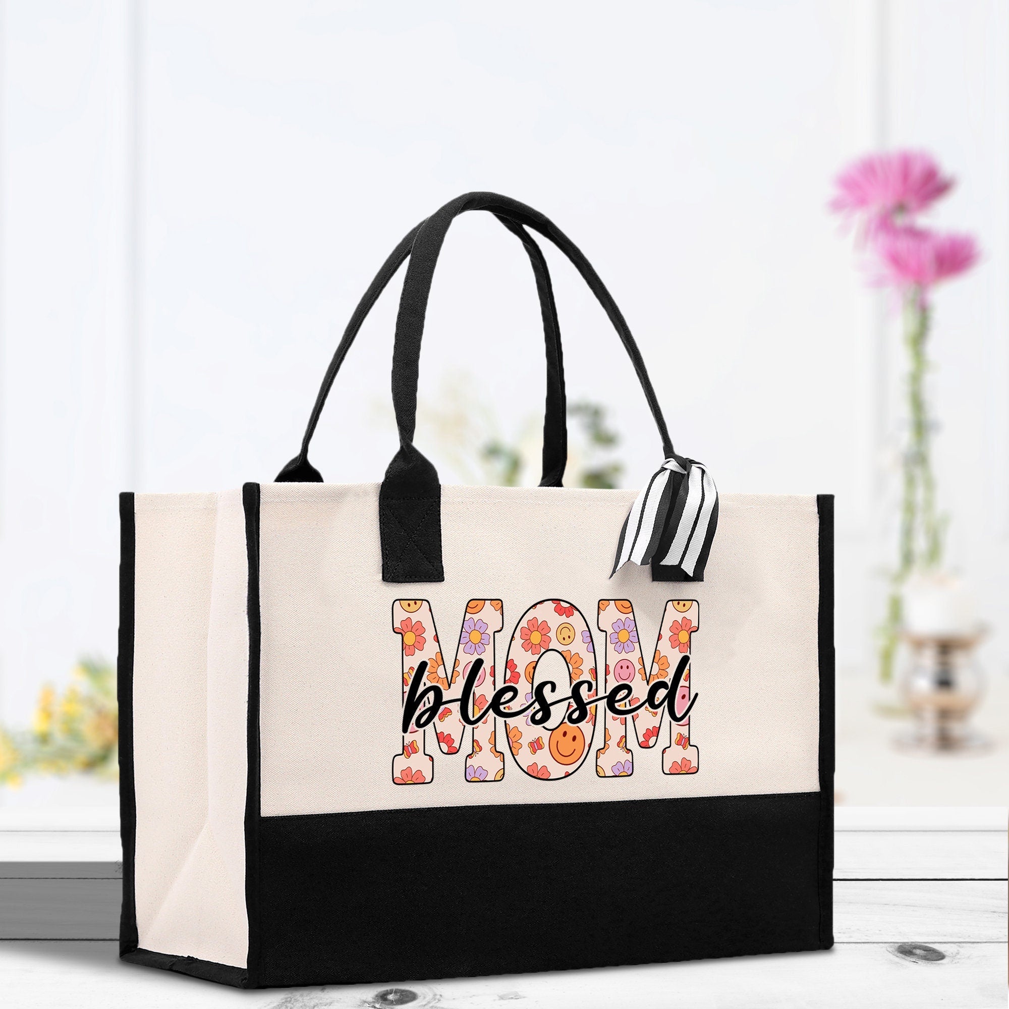 Cute Floral Blessed Mom Cotton Canvas Tote Bag Mom Gift Mom Bag Mom Shopping Bag New Mom Gift Best Mom Ever Bag Boy Girl Mama Tote - Aaria Tees Aaria Tees