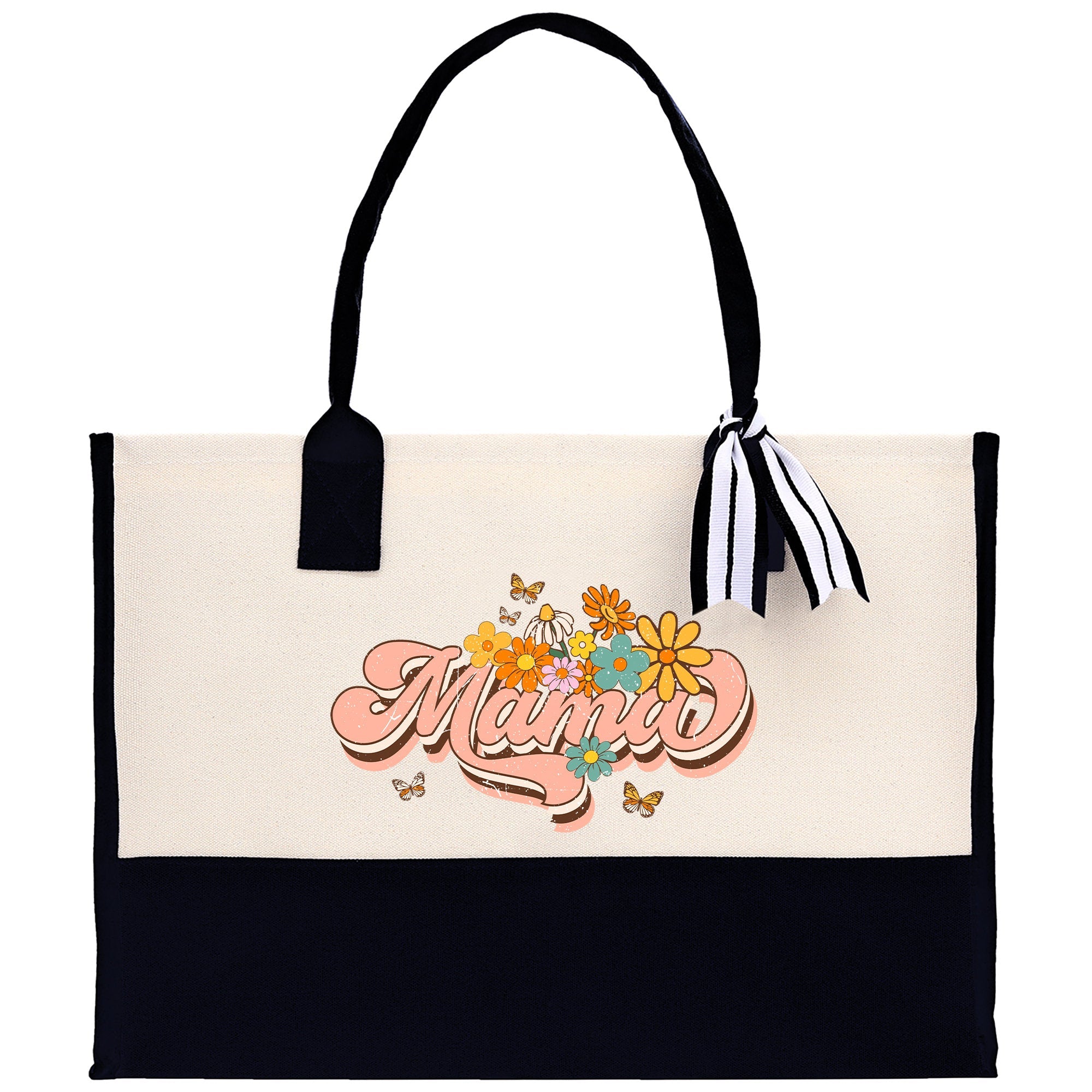 Retro Colorful Floral Mama Cotton Canvas Tote Bag Mom Gift Mom Bag Mom Shopping Bag New Mom Gift Best Mom Ever Bag Boy Girl Mama Tote - Aaria Tees Aaria Tees