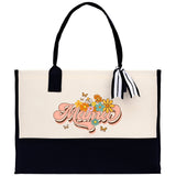 Retro Colorful Floral Mama Cotton Canvas Tote Bag Mom Gift Mom Bag Mom Shopping Bag New Mom Gift Best Mom Ever Bag Boy Girl Mama Tote - Aaria Tees Aaria Tees