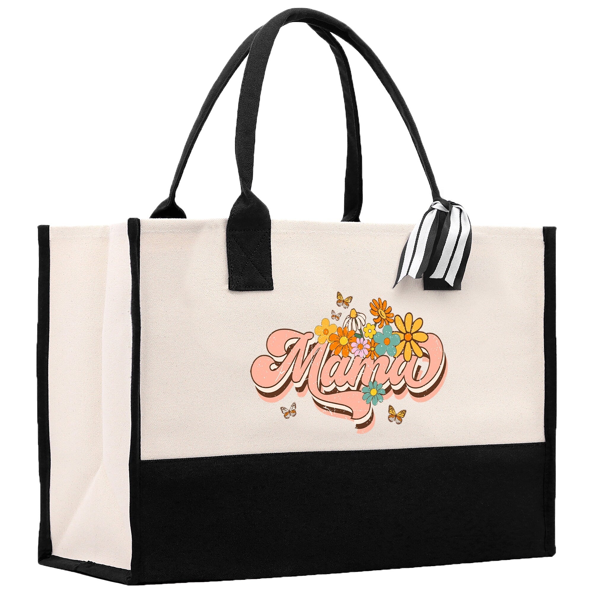 Retro Colorful Floral Mama Cotton Canvas Tote Bag Mom Gift Mom Bag Mom Shopping Bag New Mom Gift Best Mom Ever Bag Boy Girl Mama Tote - Aaria Tees Aaria Tees