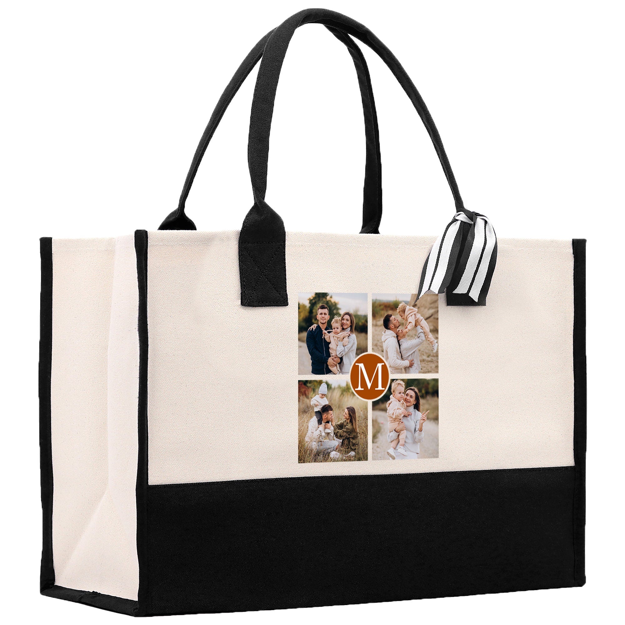Custom Family Photo Collage and Initial Cotton Canvas Tote Bag Personalized Photo Tote Parent Gift Mothers Day Gift Picture Image Tote - Aaria Tees Aaria Tees