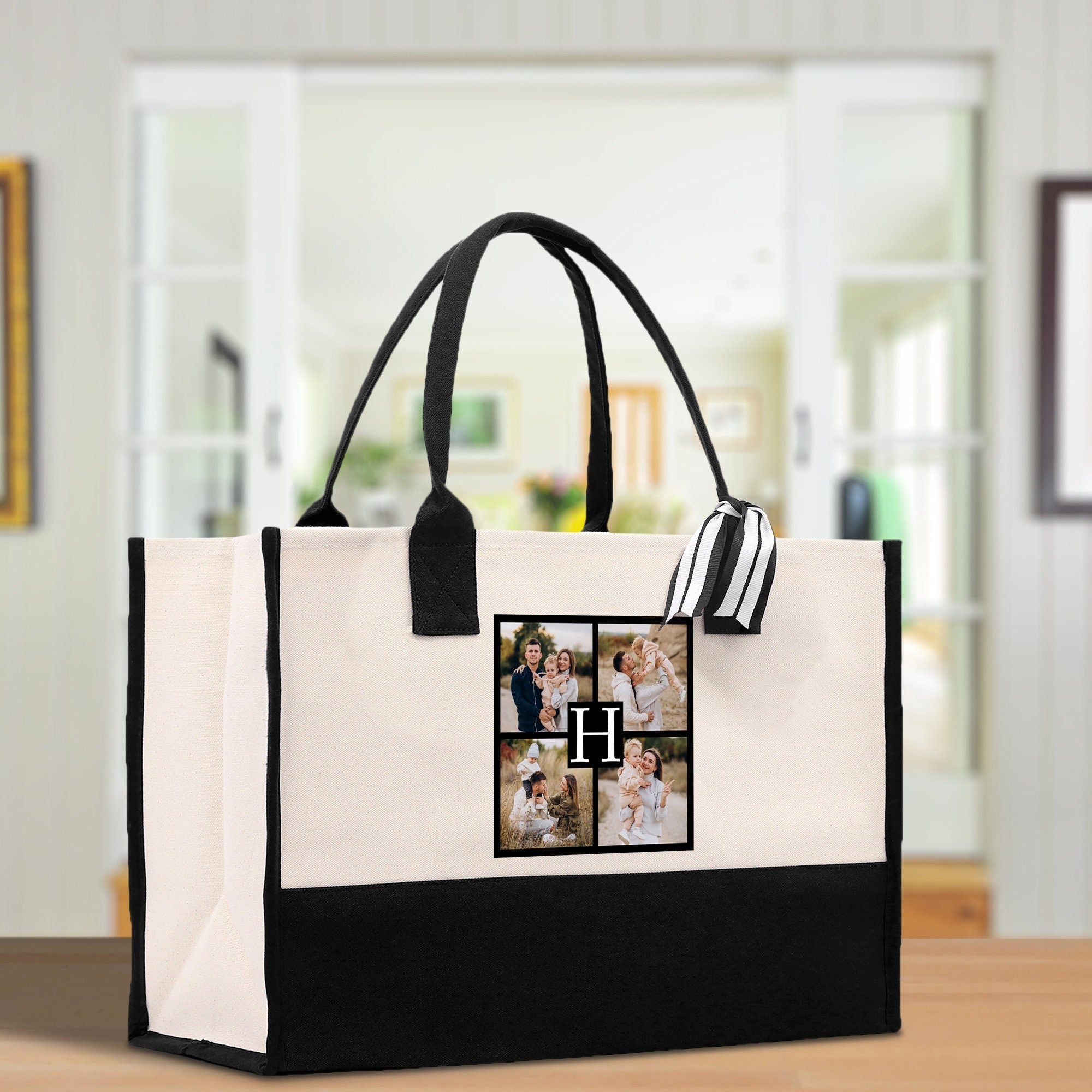 Custom Family Photo Collage and Initial Cotton Canvas Tote Bag Personalized Photo Tote Parent Gift Mothers Day Gift Picture Image Tote - Aaria Tees Aaria Tees