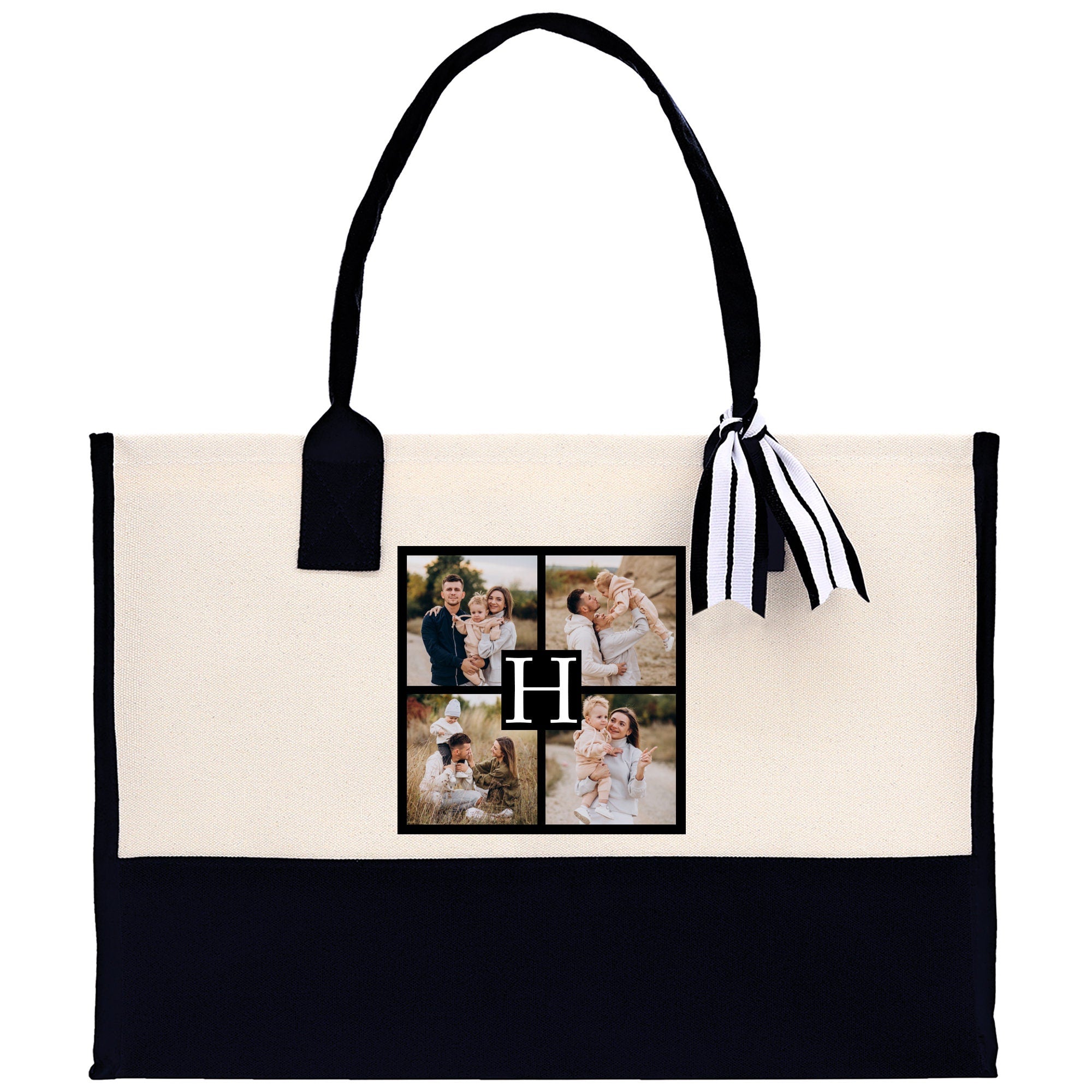 Custom Family Photo Collage and Initial Cotton Canvas Tote Bag Personalized Photo Tote Parent Gift Mothers Day Gift Picture Image Tote - Aaria Tees Aaria Tees