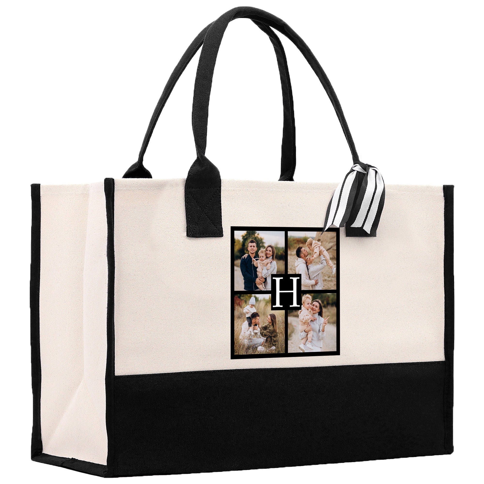 Custom Family Photo Collage and Initial Cotton Canvas Tote Bag Personalized Photo Tote Parent Gift Mothers Day Gift Picture Image Tote - Aaria Tees Aaria Tees