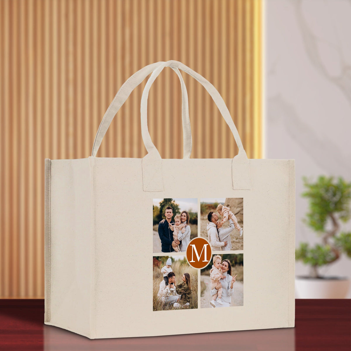 Custom Family Photo Collage and Initial Cotton Canvas Tote Bag Personalized Photo Tote Parent Gift Mothers Day Gift Picture Image Tote - Aaria Tees