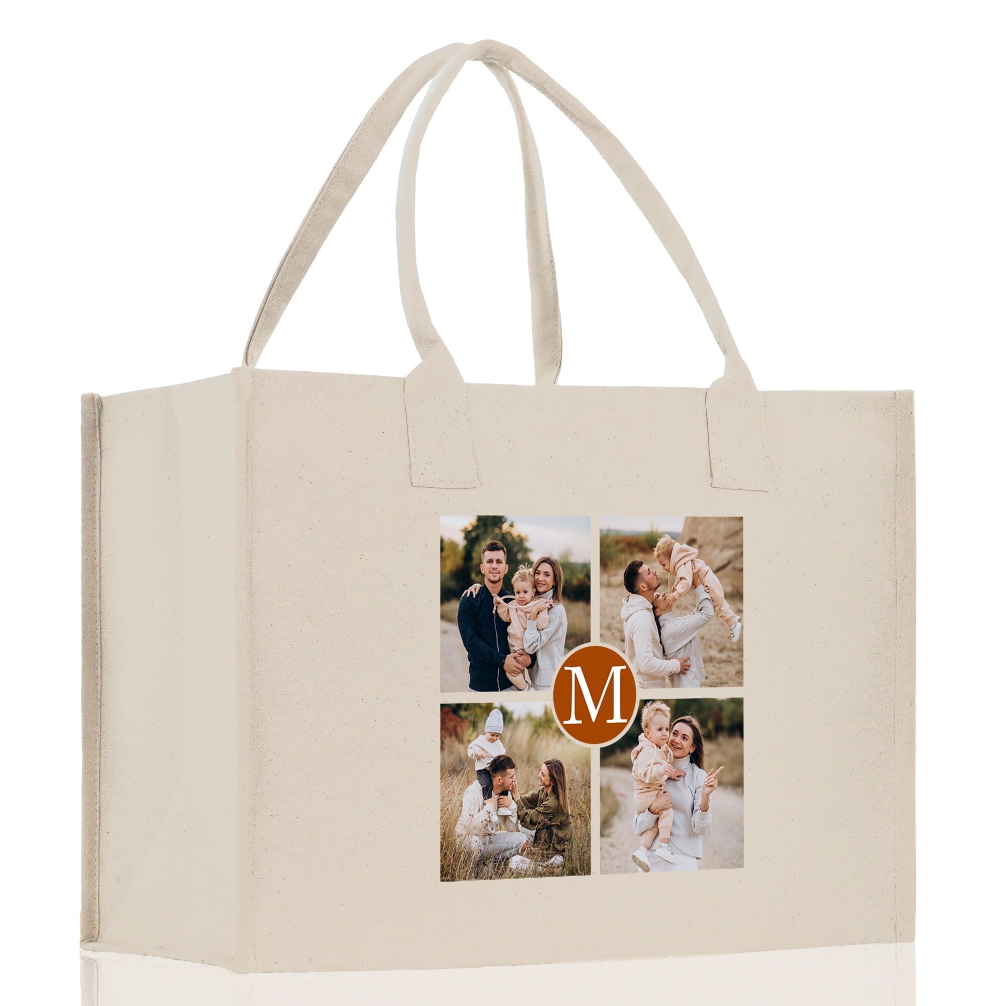 Custom Family Photo Collage and Initial Cotton Canvas Tote Bag Personalized Photo Tote Parent Gift Mothers Day Gift Picture Image Tote - Aaria Tees Aaria Tees