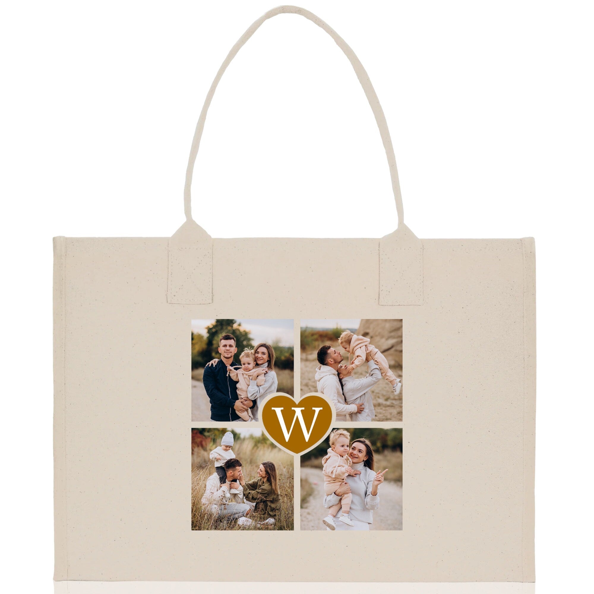 Custom Family Photo Collage and Initial Cotton Canvas Tote Bag Personalized Photo Tote Parent Gift Mothers Day Gift Picture Image Tote - Aaria Tees Aaria Tees