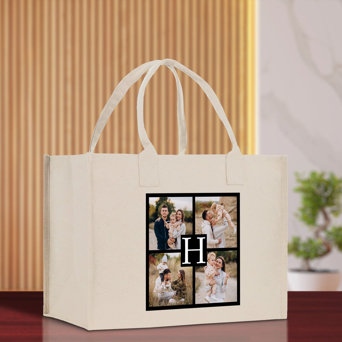 Custom Family Photo Collage and Initial Cotton Canvas Tote Bag Personalized Photo Tote Parent Gift Mothers Day Gift Picture Image Tote - Aaria Tees