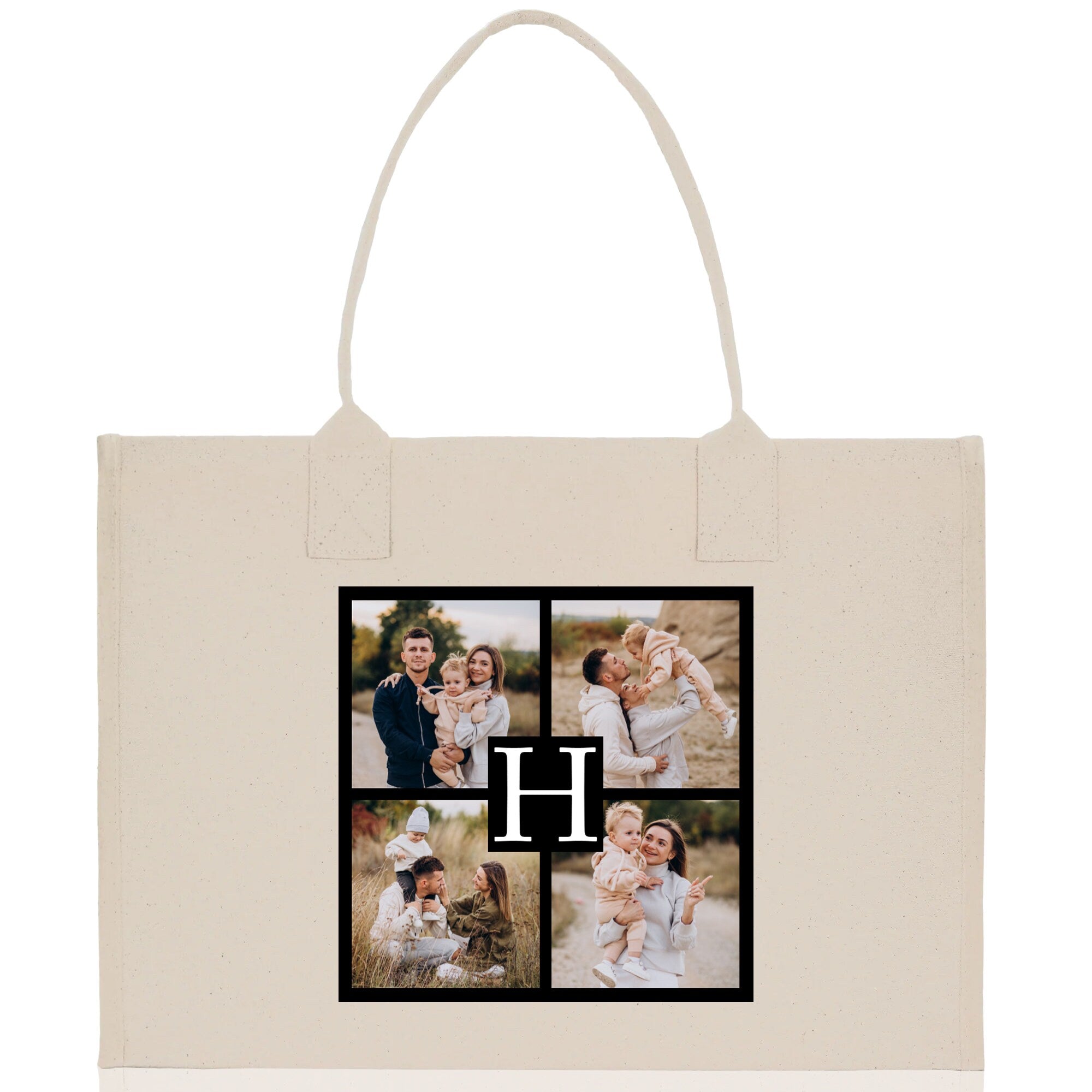 Custom Family Photo Collage and Initial Cotton Canvas Tote Bag Personalized Photo Tote Parent Gift Mothers Day Gift Picture Image Tote - Aaria Tees Aaria Tees