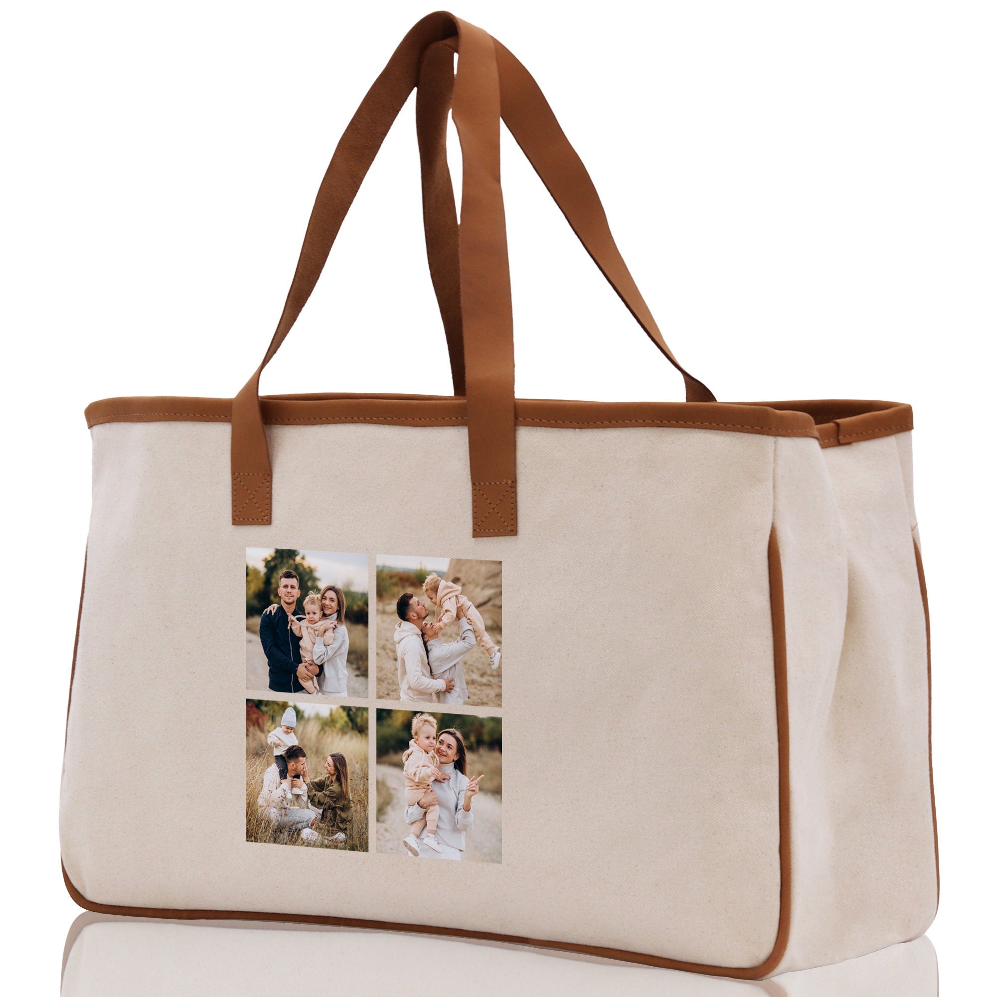 Custom Family Photo Collage and Initial Cotton Canvas Tote Bag Personalized Photo Tote Parent Gift Mothers Day Gift Picture Image Tote - Aaria Tees Aaria Tees