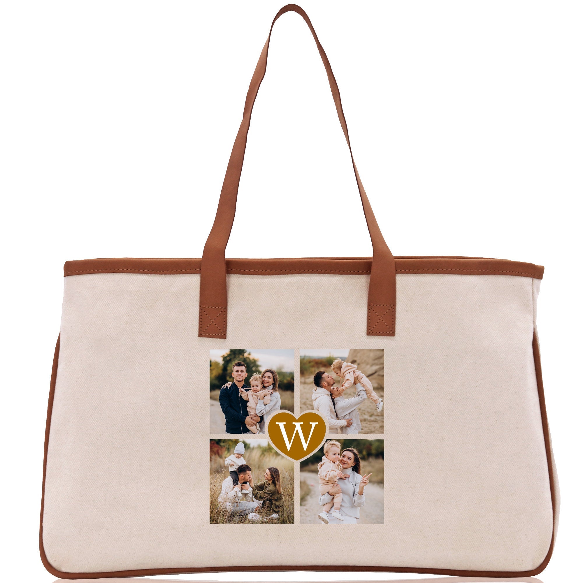 Custom Family Photo Collage and Initial Cotton Canvas Tote Bag Personalized Photo Tote Parent Gift Mothers Day Gift Picture Image Tote - Aaria Tees Aaria Tees