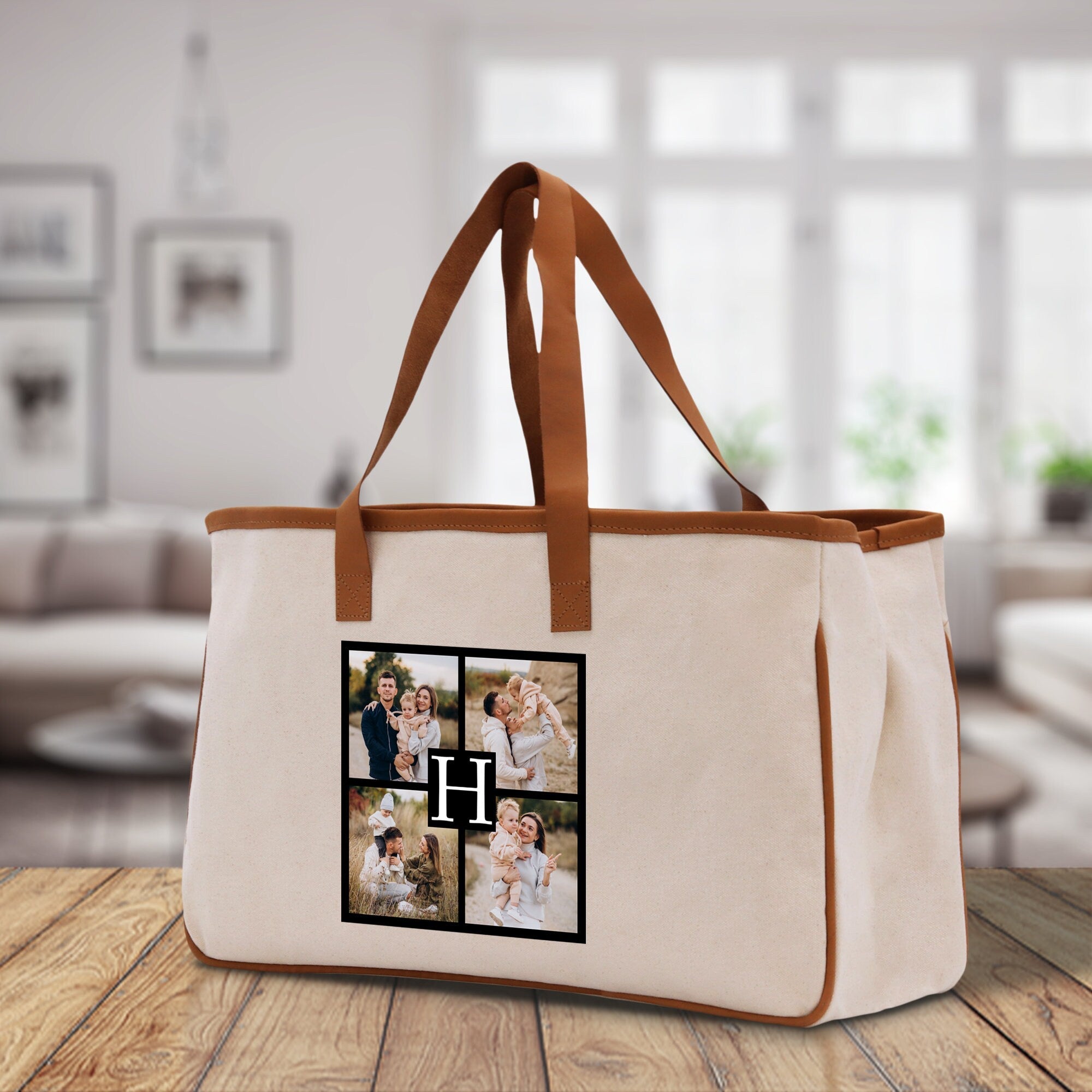 Custom Family Photo Collage and Initial Cotton Canvas Tote Bag Personalized Photo Tote Parent Gift Mothers Day Gift Picture Image Tote - Aaria Tees Aaria Tees
