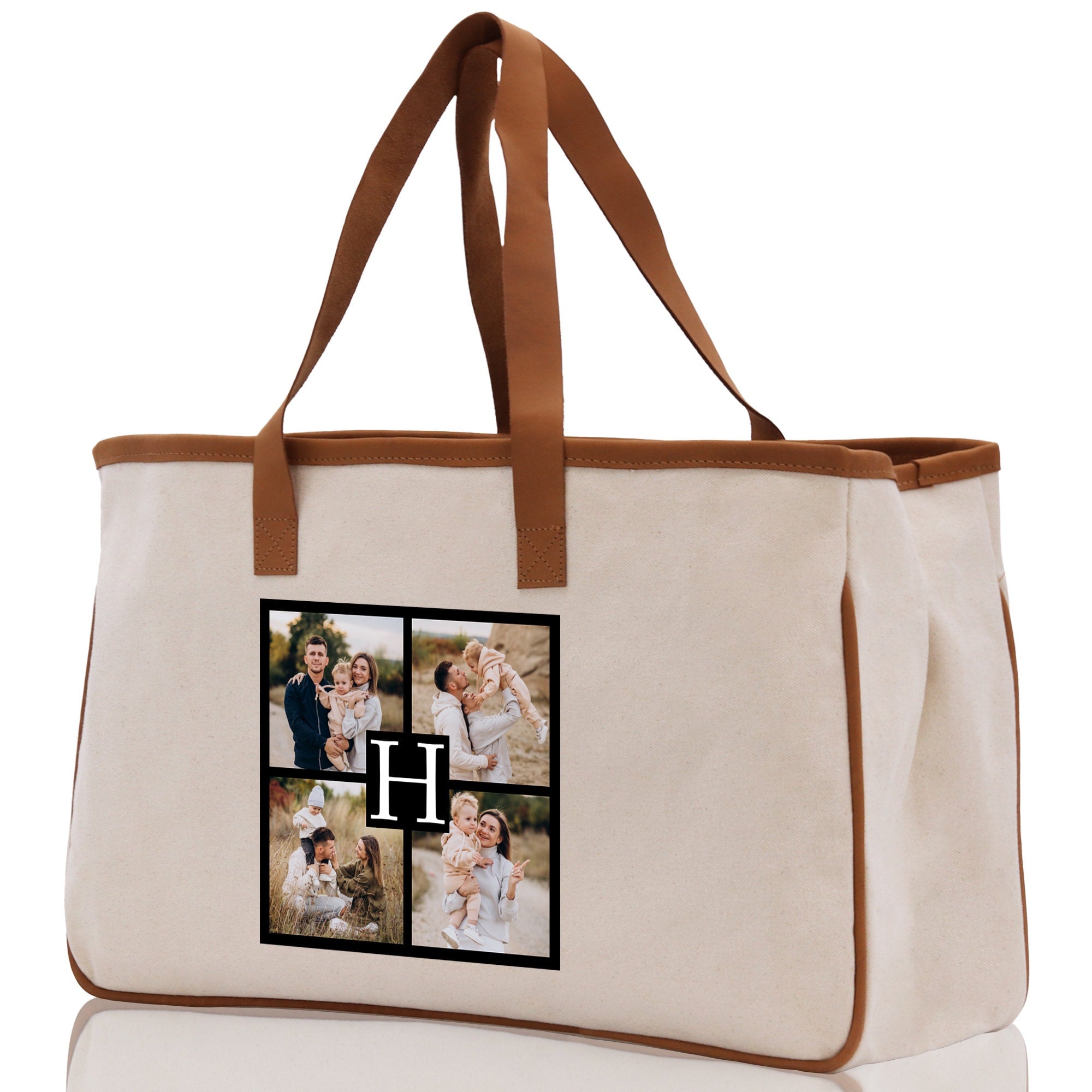 Custom Family Photo Collage and Initial Cotton Canvas Tote Bag Personalized Photo Tote Parent Gift Mothers Day Gift Picture Image Tote - Aaria Tees Aaria Tees