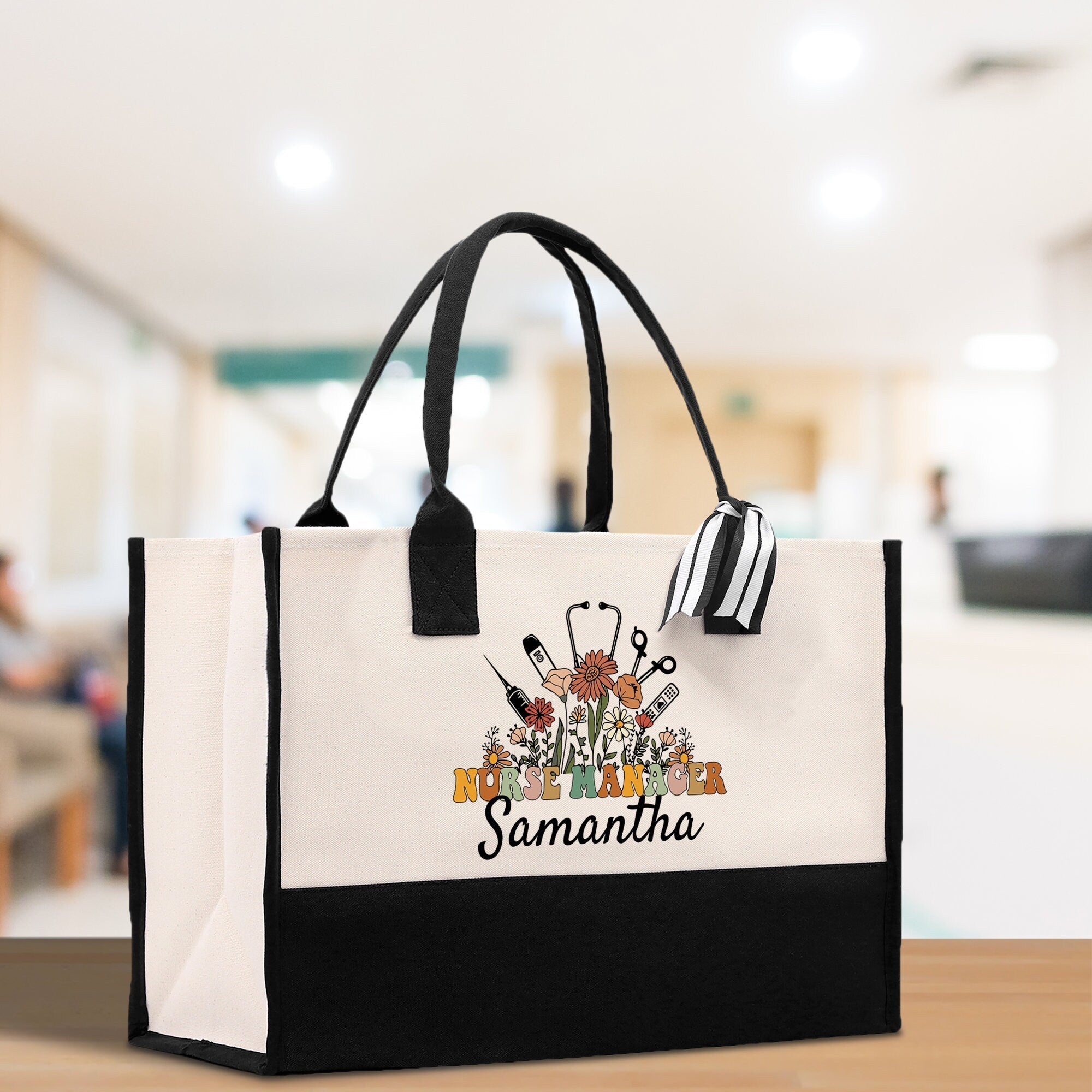 Floral Nurse Manager Name Custom Cotton Canvas Tote Bag Personalized Tote Bag Nurse Gift Registered Nurse Tote RN Tote RN Gift - Aaria Tees Aaria Tees