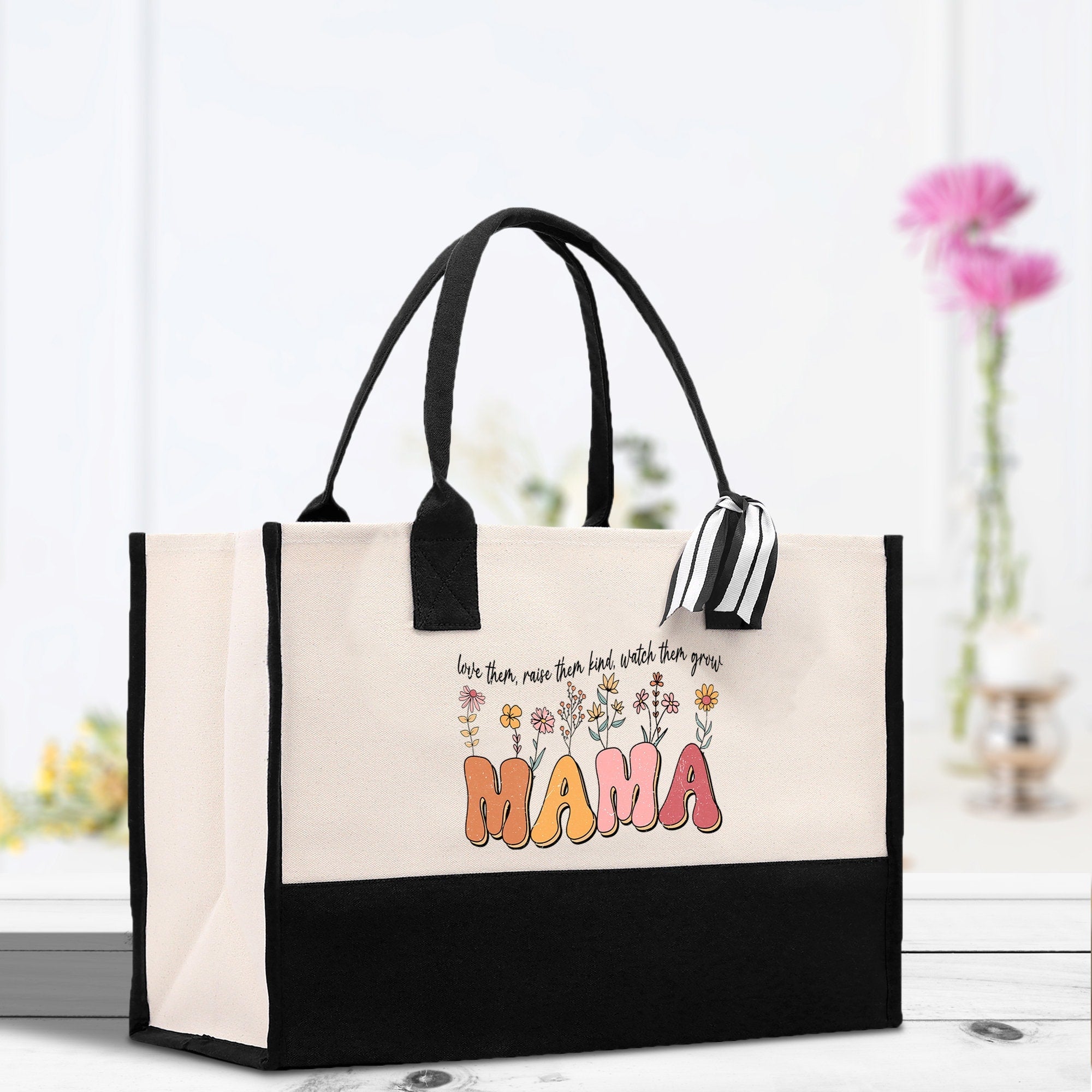 Floral Love Them Raise Them Kind Watch Them Grow Mama Cotton Canvas Tote Bag Mom Gift Mom Shopping Bag New Mom Gift Boy Girl Mama Tote - Aaria Tees Aaria Tees