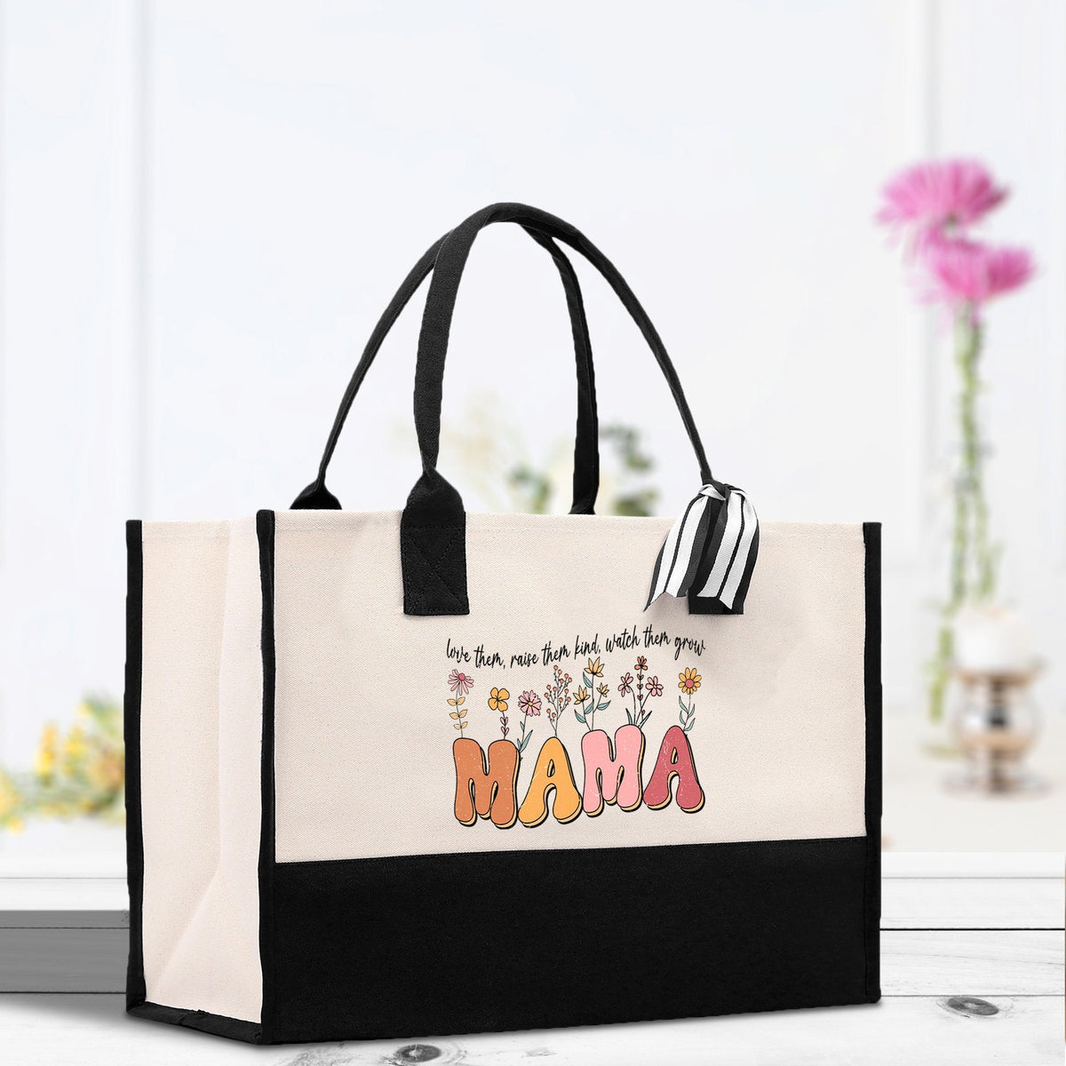 Floral Love Them Raise Them Kind Watch Them Grow Mama Cotton Canvas Tote Bag Mom Gift Mom Shopping Bag New Mom Gift Boy Girl Mama Tote - Aaria Tees