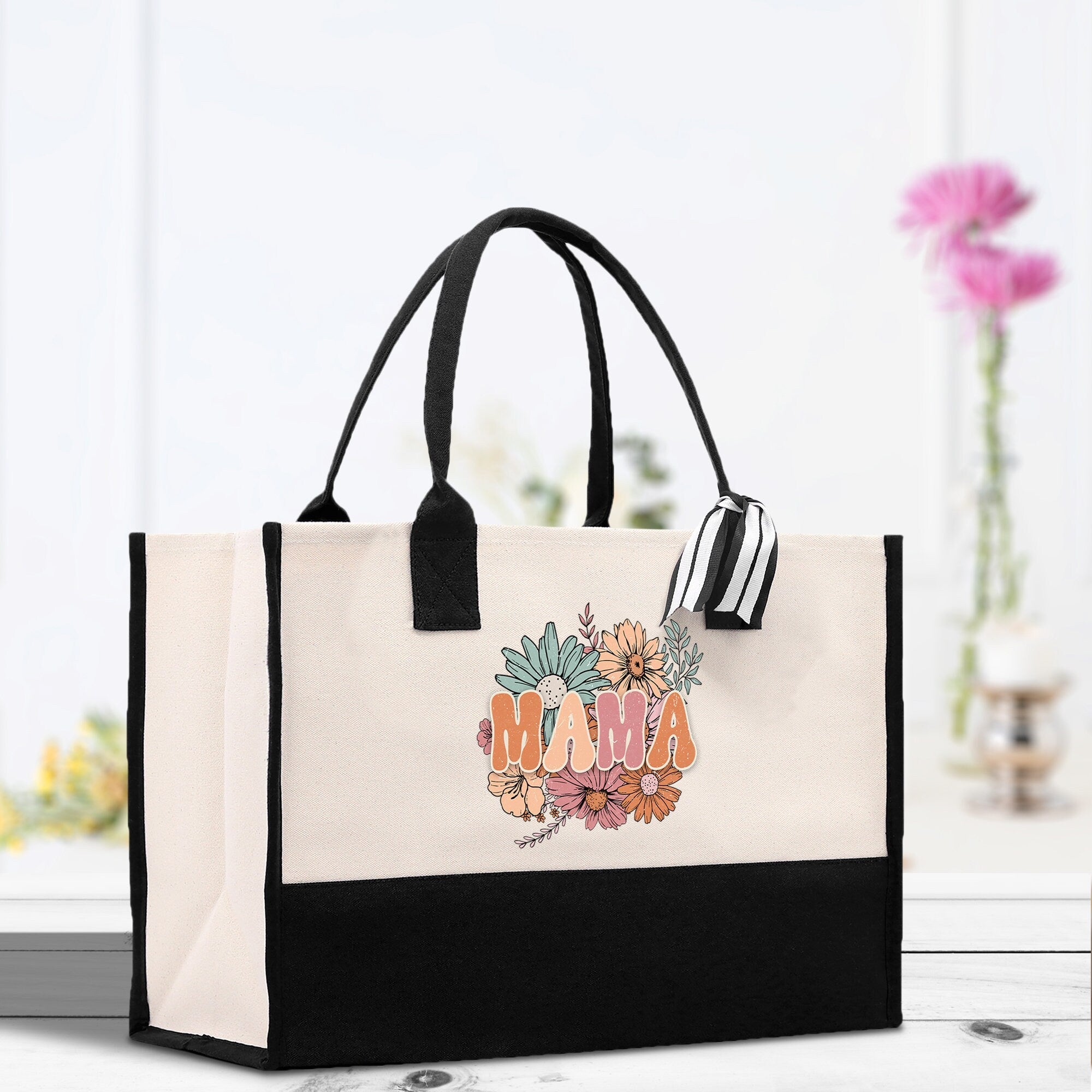 Floral Retro Mama Cotton Canvas Tote Bag Mom Gift Mom Bag Mom Shopping Bag New Mom Gift Best Mom Ever Bag Boy Girl Mama Tote - Aaria Tees Aaria Tees