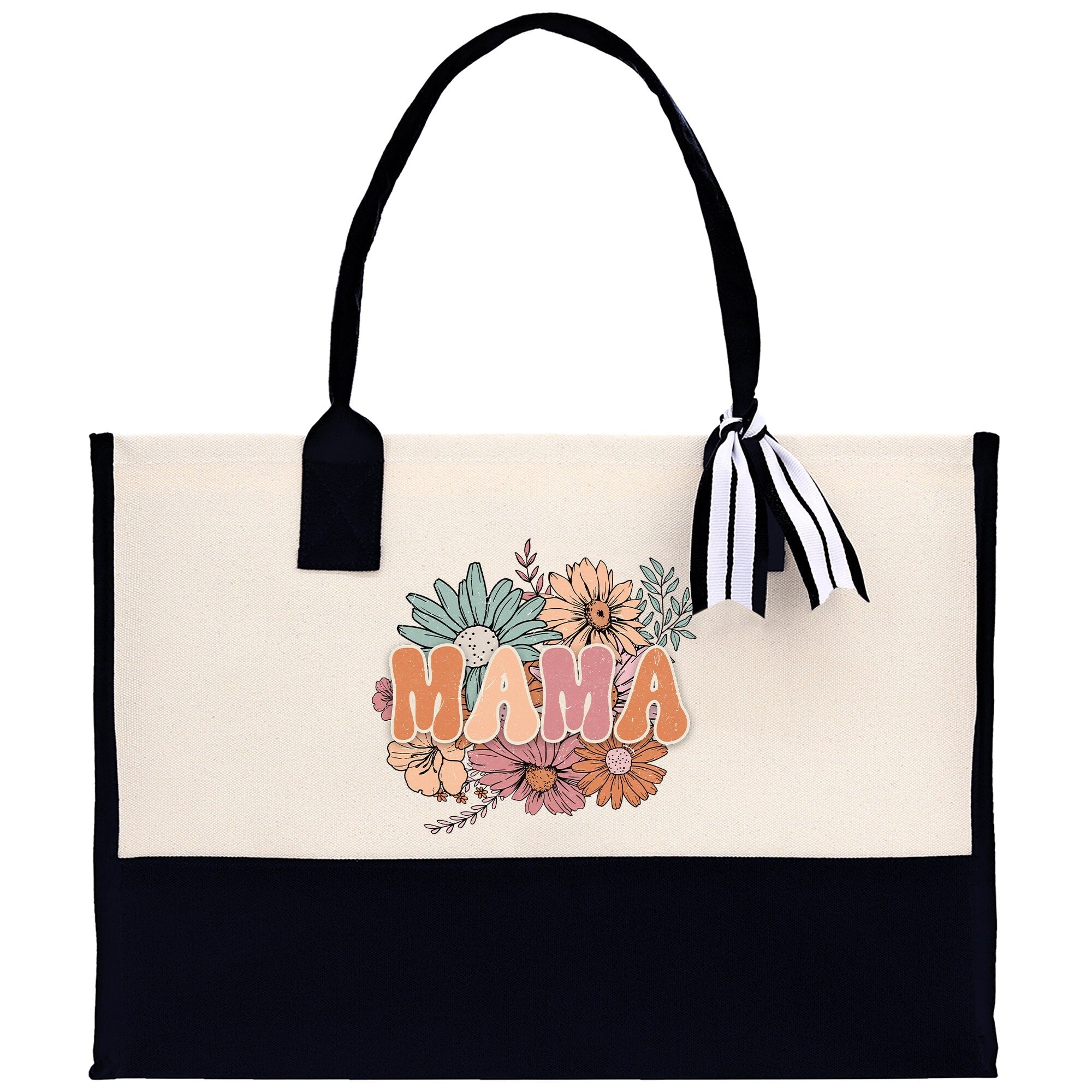 Floral Retro Mama Cotton Canvas Tote Bag Mom Gift Mom Bag Mom Shopping Bag New Mom Gift Best Mom Ever Bag Boy Girl Mama Tote - Aaria Tees Aaria Tees