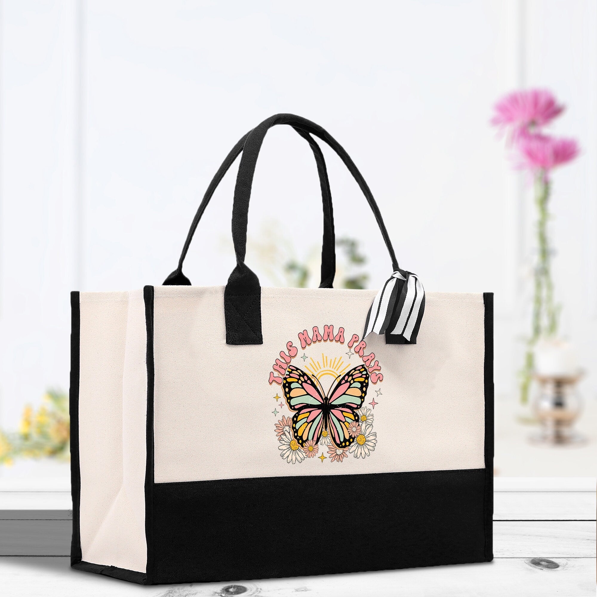 Retro Butterfly This Mama Prays Cotton Canvas Tote Bag Mom Gift Mom Bag Mom Shopping Bag New Mom Gift Best Mom Ever Bag Boy Girl Mama Tote - Aaria Tees Aaria Tees