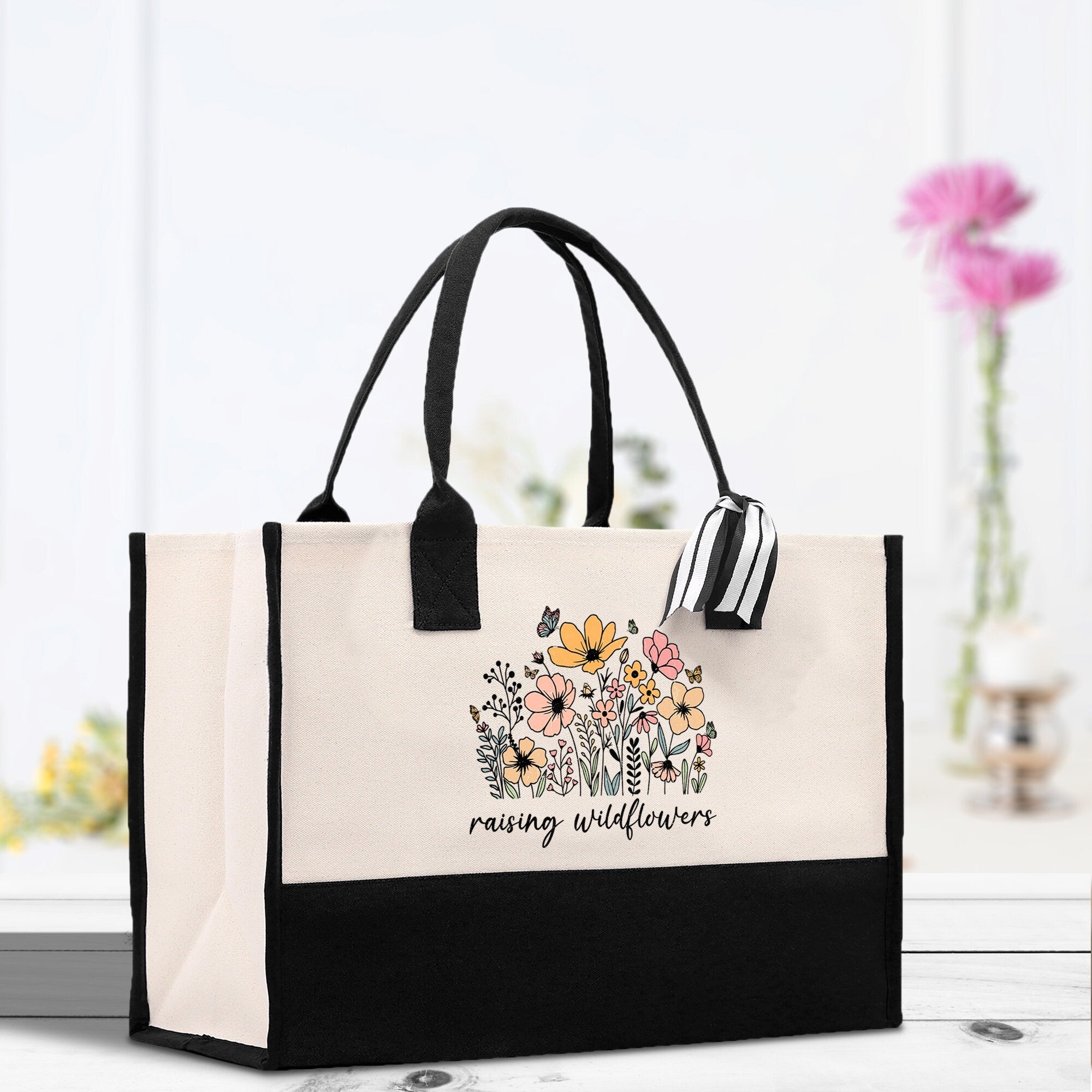 Floral Raising Wildflowers Cotton Canvas Tote Bag Mom Gift Mom Bag Mom Shopping Bag New Mom Gift Best Mom Ever Bag Boy Girl Mama Tote - Aaria Tees Aaria Tees