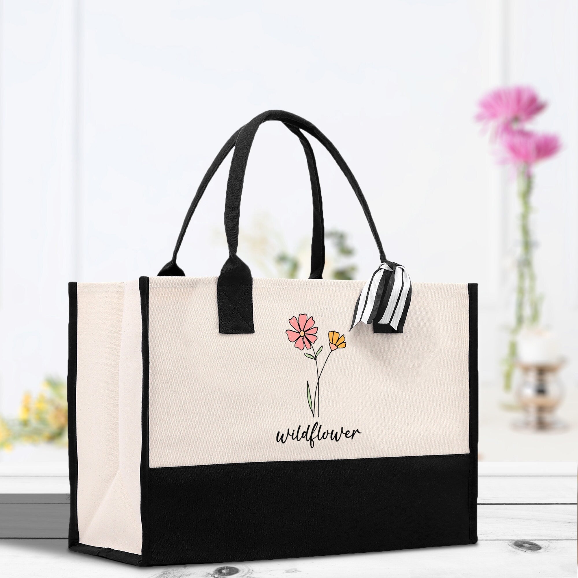 Floral Wildflower Cotton Canvas Tote Bag Mom Gift Mom Bag Mom Shopping Bag New Mom Gift Best Mom Ever Bag Boy Girl Mama Tote - Aaria Tees Aaria Tees