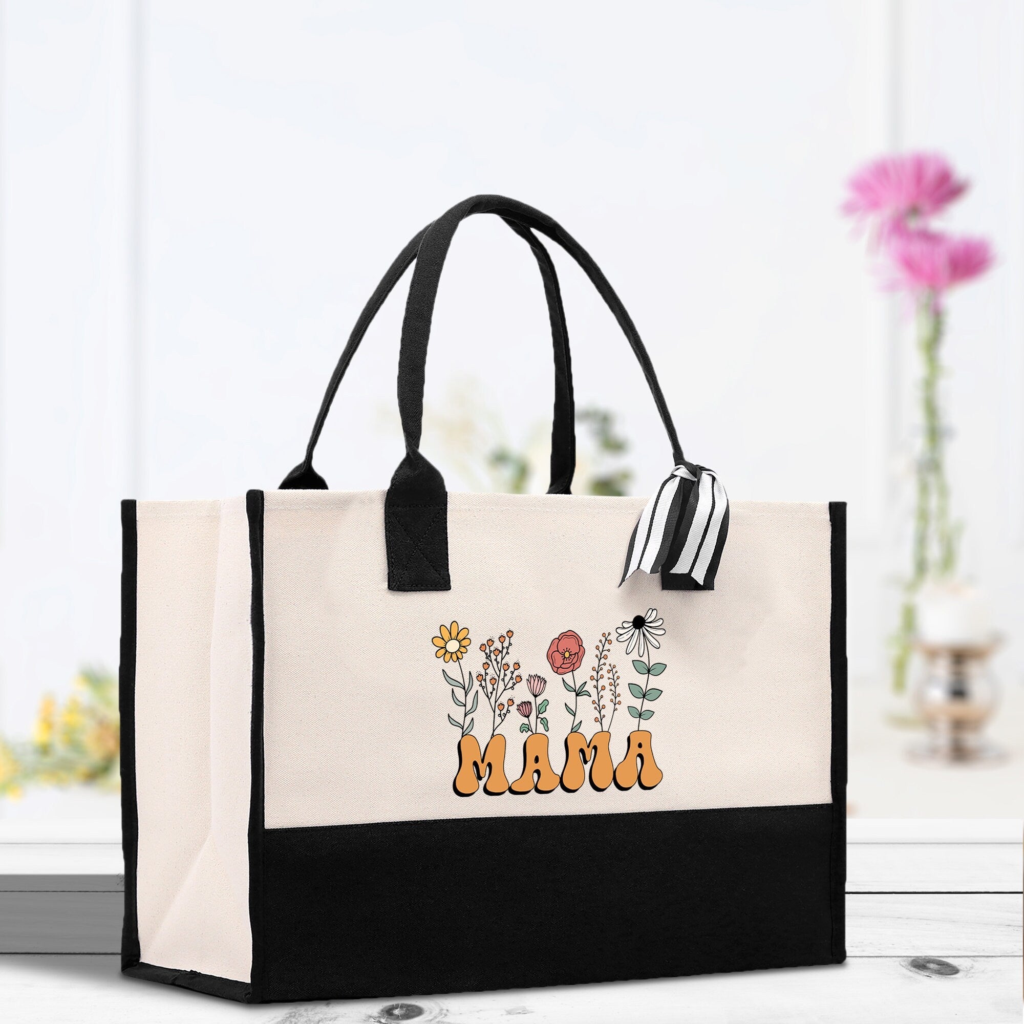 Floral Mama Cotton Canvas Tote Bag Mom Gift Mom Bag Mom Shopping Bag New Mom Gift Best Mom Ever Bag Boy Girl Mama Tote - Aaria Tees Aaria Tees