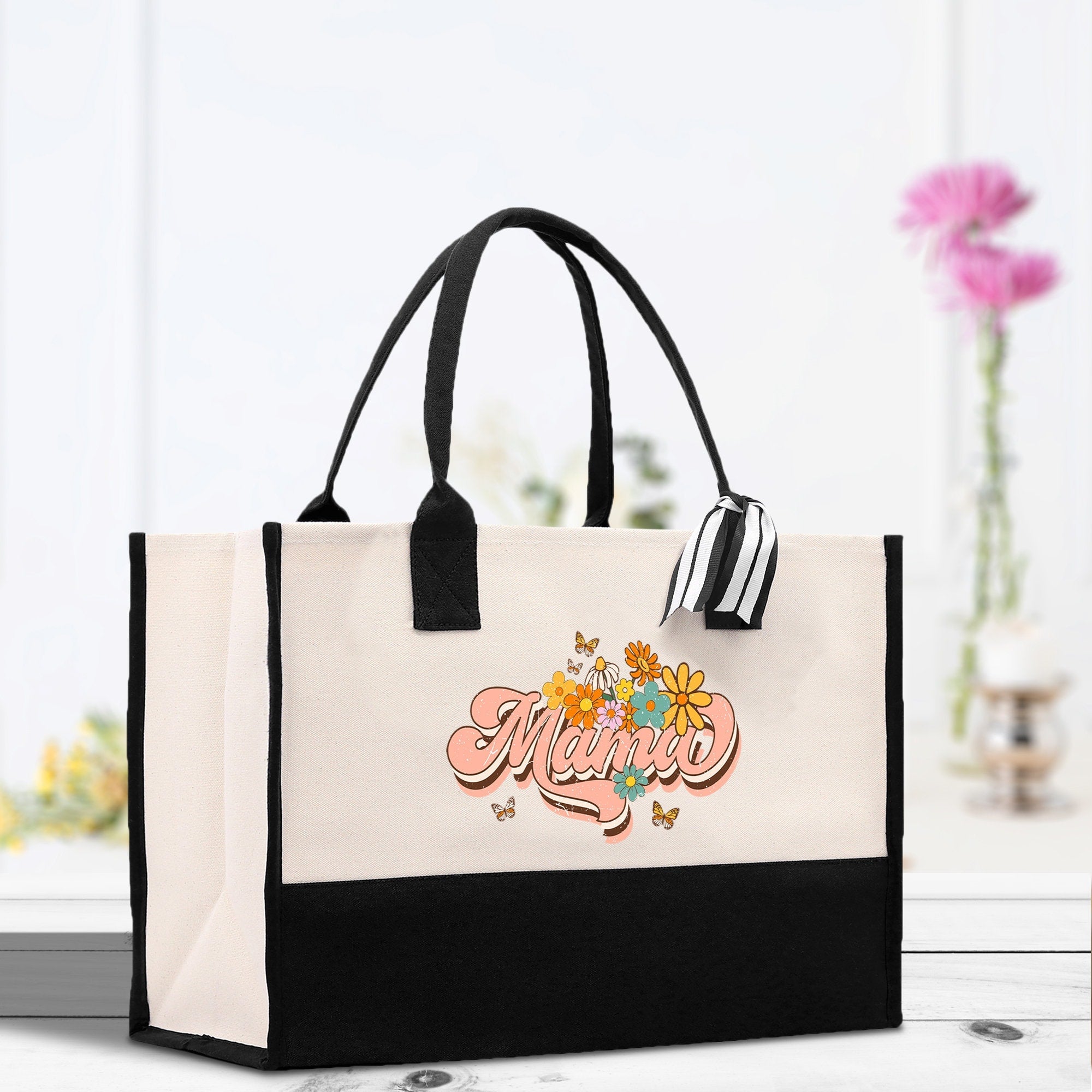 Retro Colorful Floral Mama Cotton Canvas Tote Bag Mom Gift Mom Bag Mom Shopping Bag New Mom Gift Best Mom Ever Bag Boy Girl Mama Tote - Aaria Tees Aaria Tees