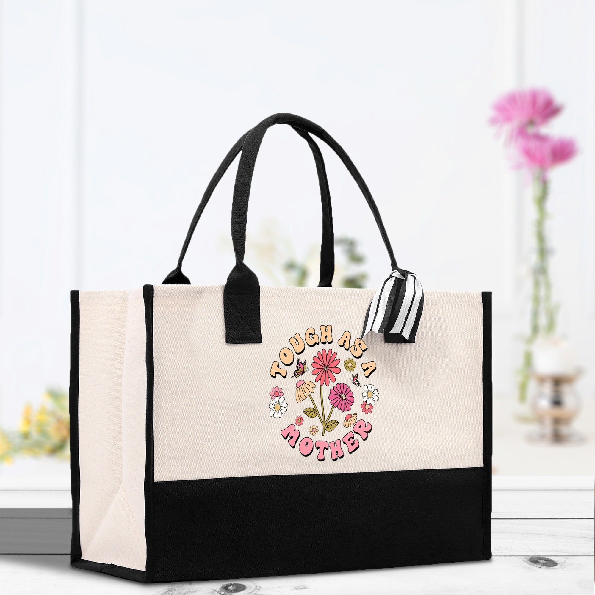 Retro Colorful Floral Tough As A Mother Cotton Canvas Tote Bag Mom Gift Mom Bag Mom Shopping Bag New Mom Gift Boy Girl Mama Tote - Aaria Tees Aaria Tees
