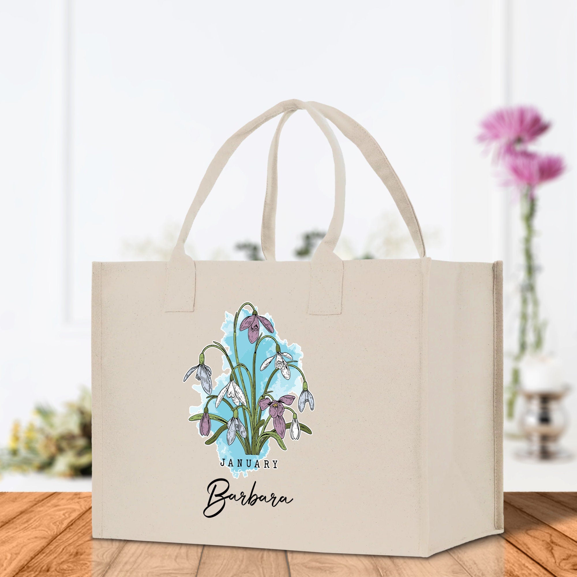 January Birth Month Flower Personalized Name Cotton Canvas Tote Bag Custom Flower Birthday Gift Bag Wedding Gift for Her Bridal Bridesmaid - Aaria Tees Aaria Tees