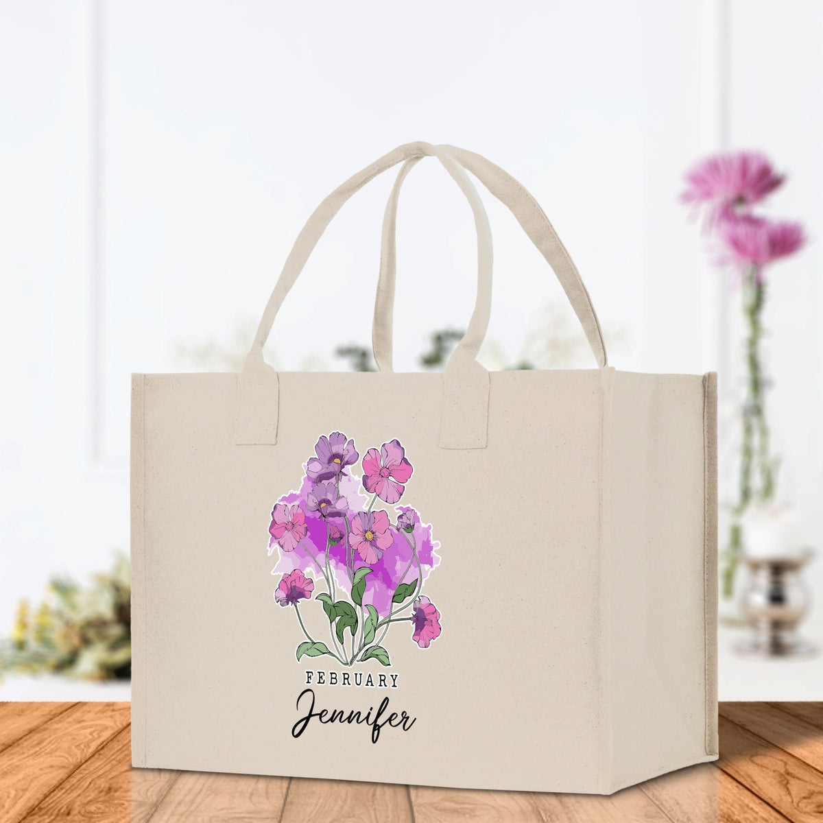 February Birth Month Flower Personalized Name Cotton Canvas Tote Bag Custom Flower Birthday Gift Bag Wedding Gift for Her Bridal Bridesmaid - Aaria Tees
