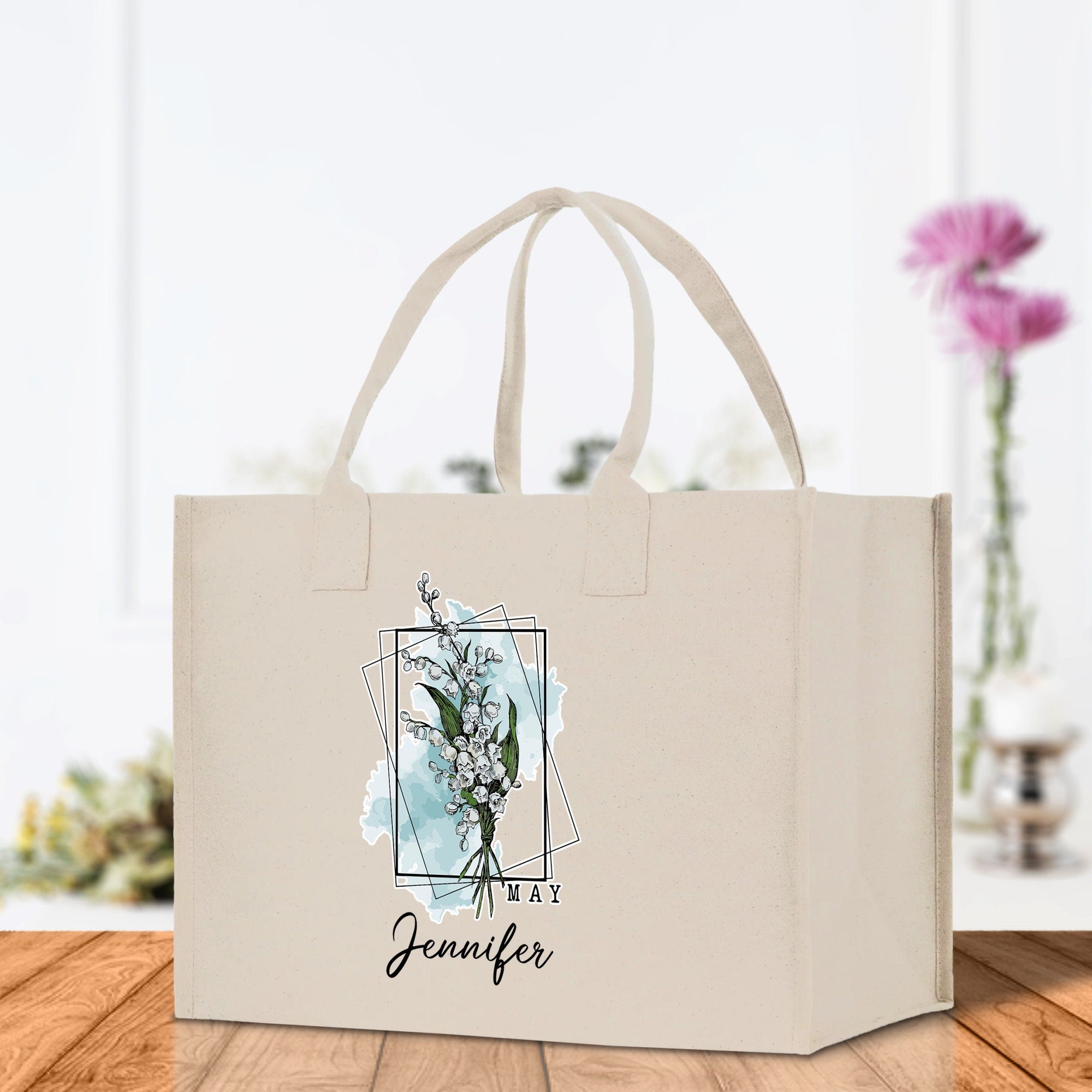 May Birth Month Flower Personalized Name Cotton Canvas Tote Bag Custom Flower Birthday Gift Bag Wedding Gift for Her Bridal Bridesmaid - Aaria Tees Aaria Tees