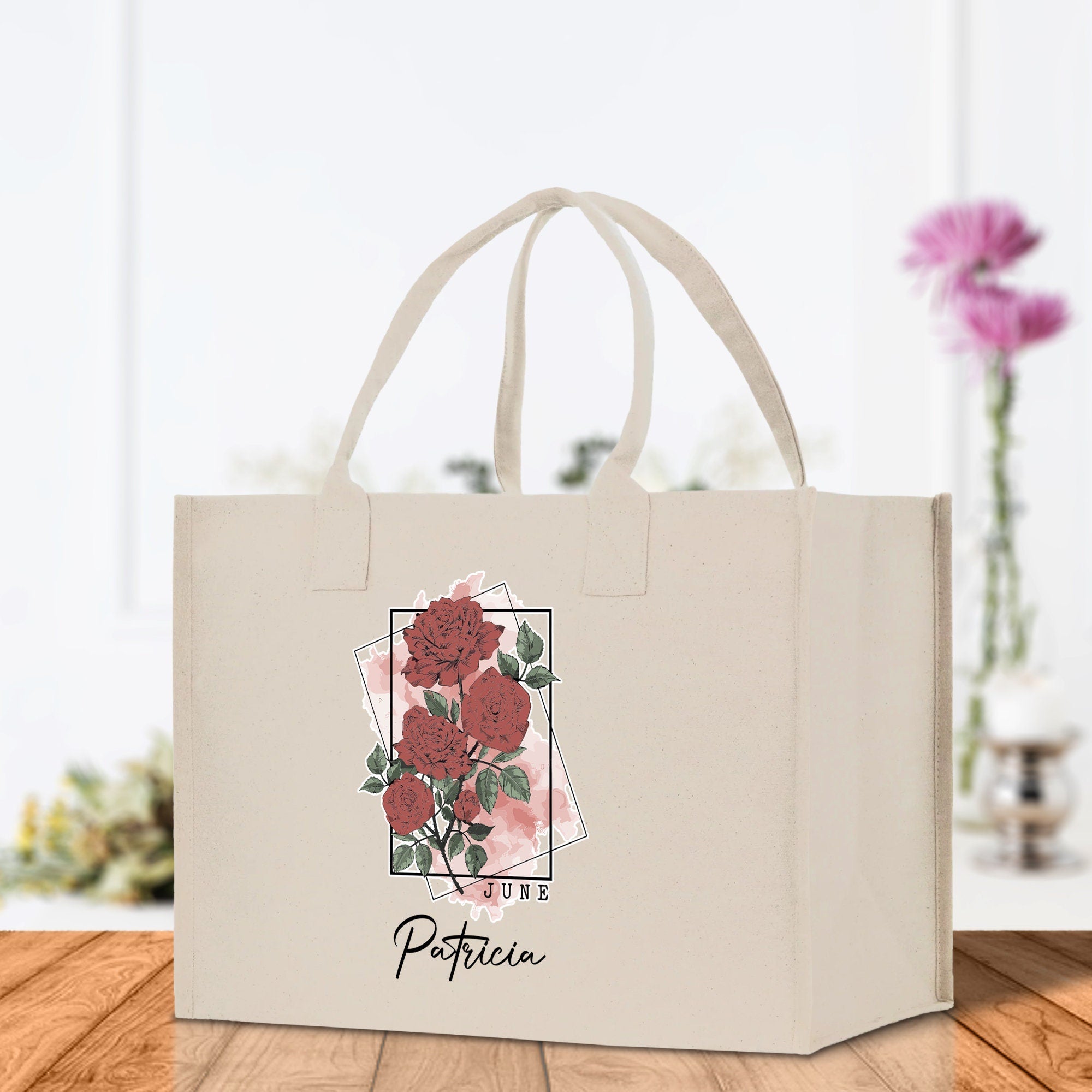June Birth Month Flower Personalized Name Cotton Canvas Tote Bag Custom Flower Birthday Gift Bag Wedding Gift for Her Bridal Bridesmaid - Aaria Tees Aaria Tees