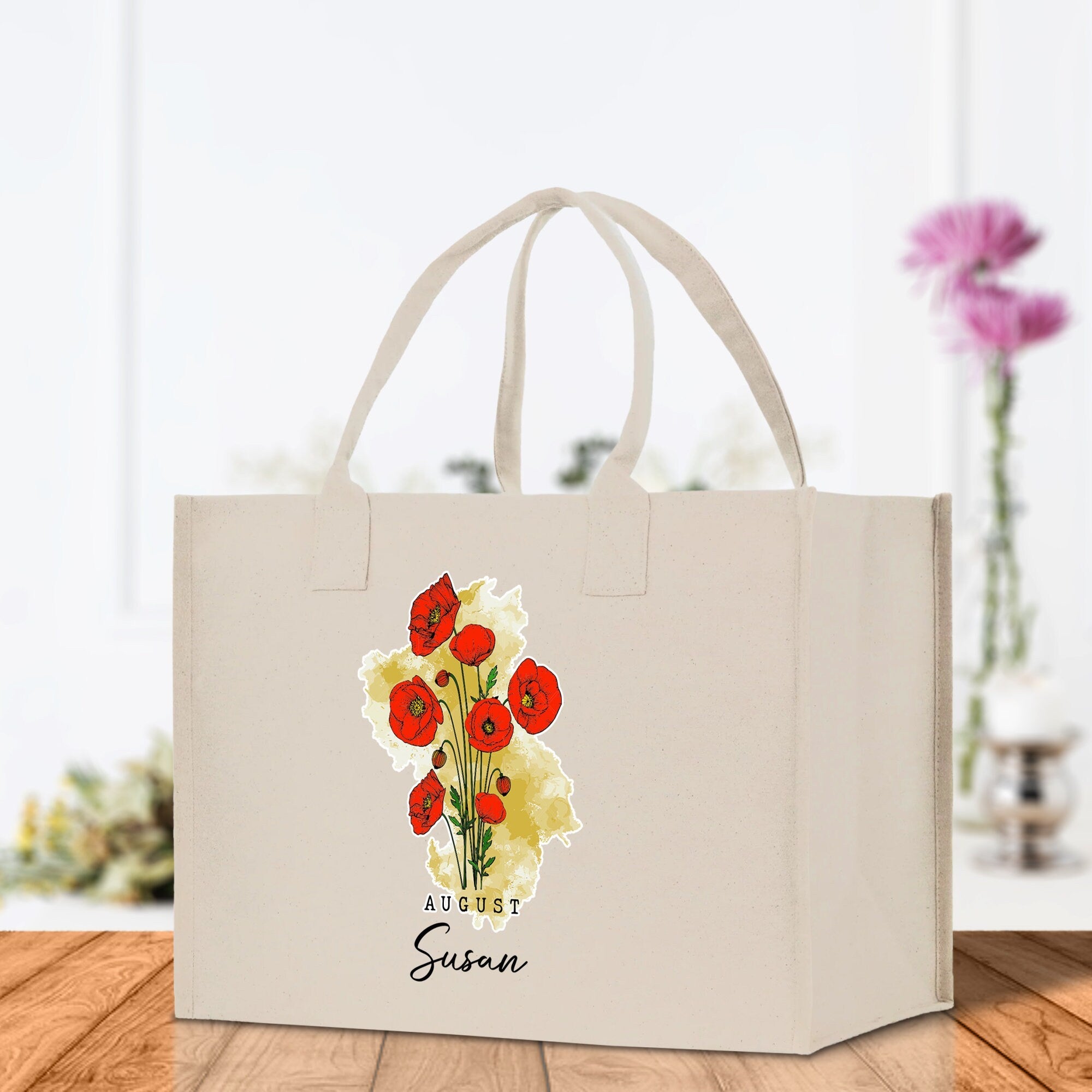 August Birth Month Flower Personalized Name Cotton Canvas Tote Bag Custom Flower Birthday Gift Bag Wedding Gift for Her Bridal Bridesmaid - Aaria Tees Aaria Tees