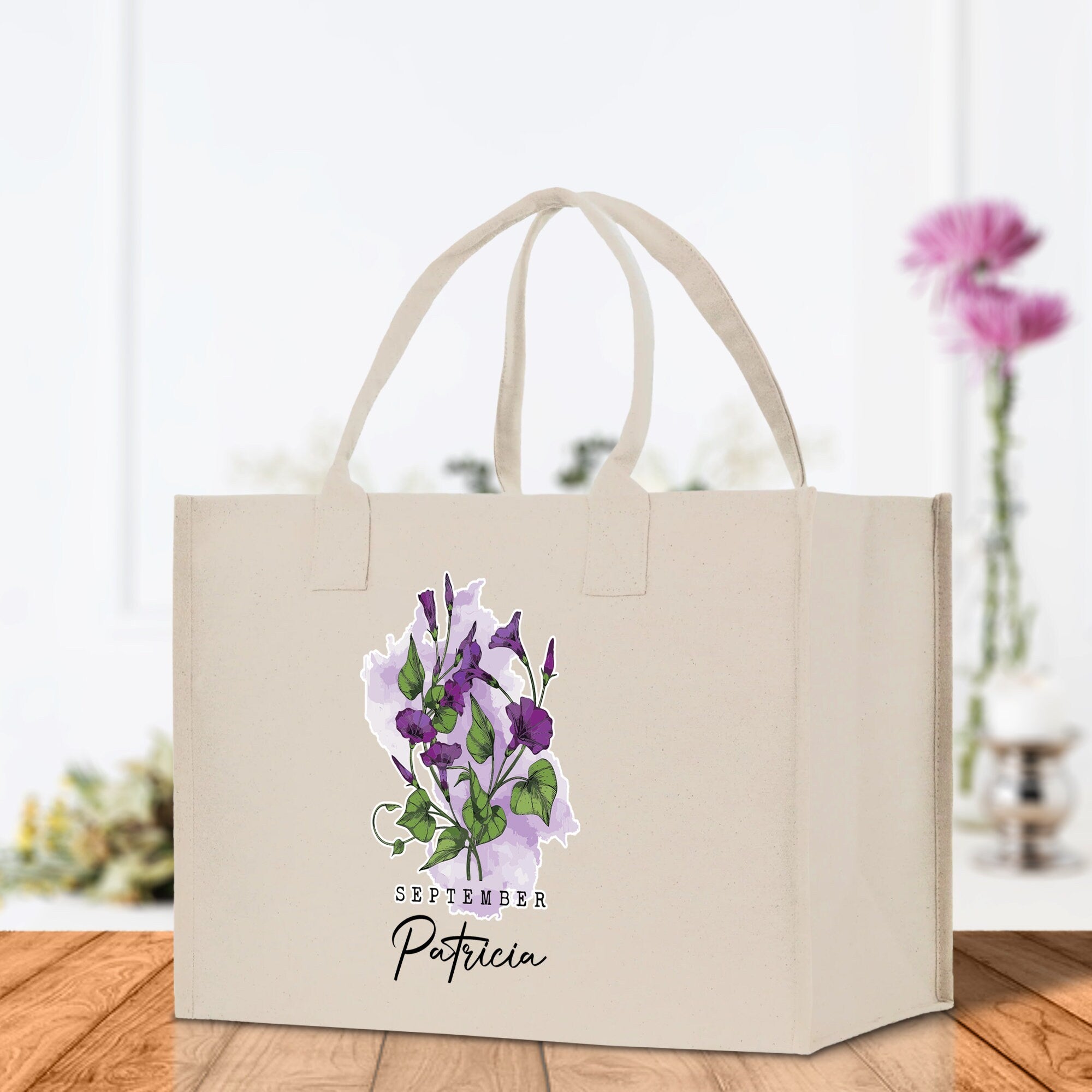 September Birth Month Flower Personalized Name Cotton Canvas Tote Bag Custom Flower Birthday Gift Bag Wedding Gift for Her Bridal Bridesmaid - Aaria Tees Aaria Tees