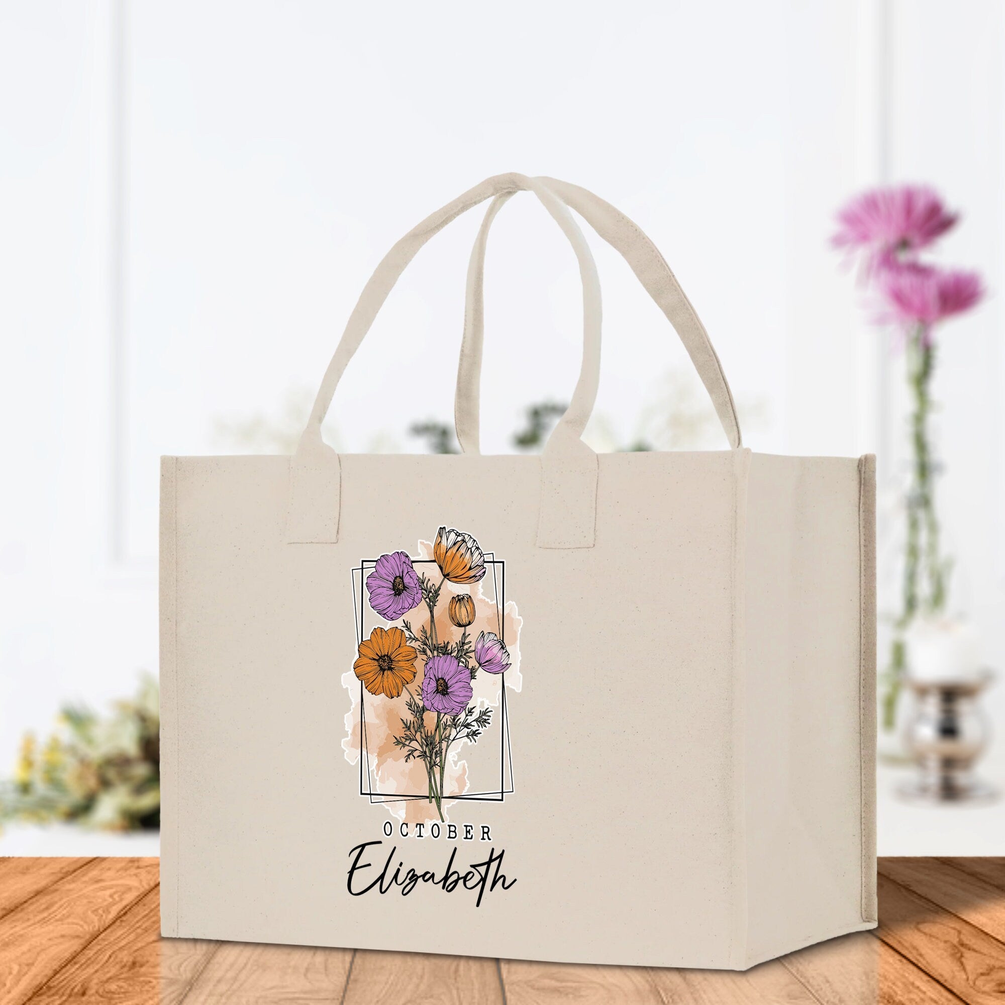 October Birth Month Flower Personalized Name Cotton Canvas Tote Bag Custom Flower Birthday Gift Bag Wedding Gift for Her Bridal Bridesmaid - Aaria Tees Aaria Tees
