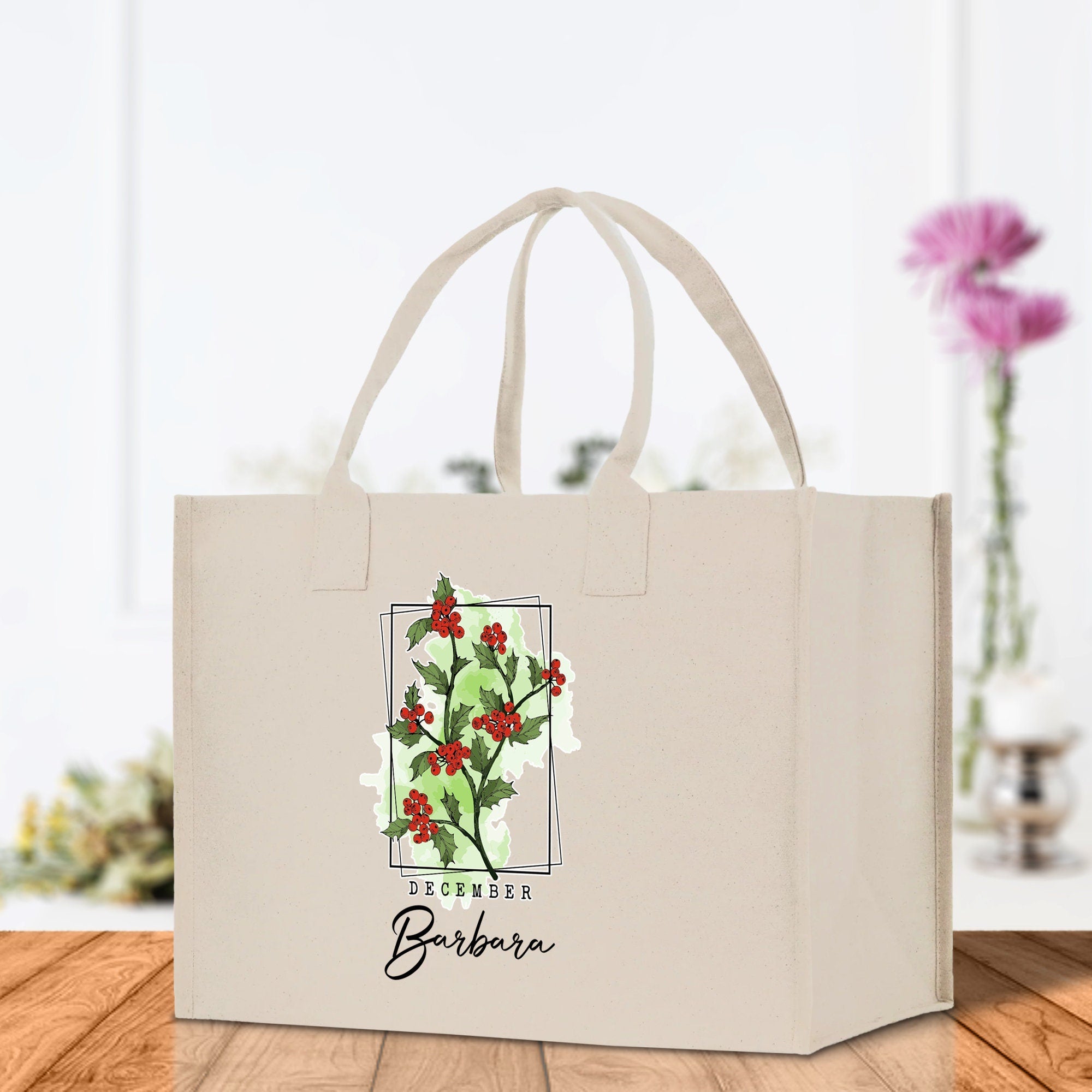 December Birth Month Flower Personalized Name Cotton Canvas Tote Bag Custom Flower Birthday Gift Bag Wedding Gift for Her Bridal Bridesmaid - Aaria Tees Aaria Tees