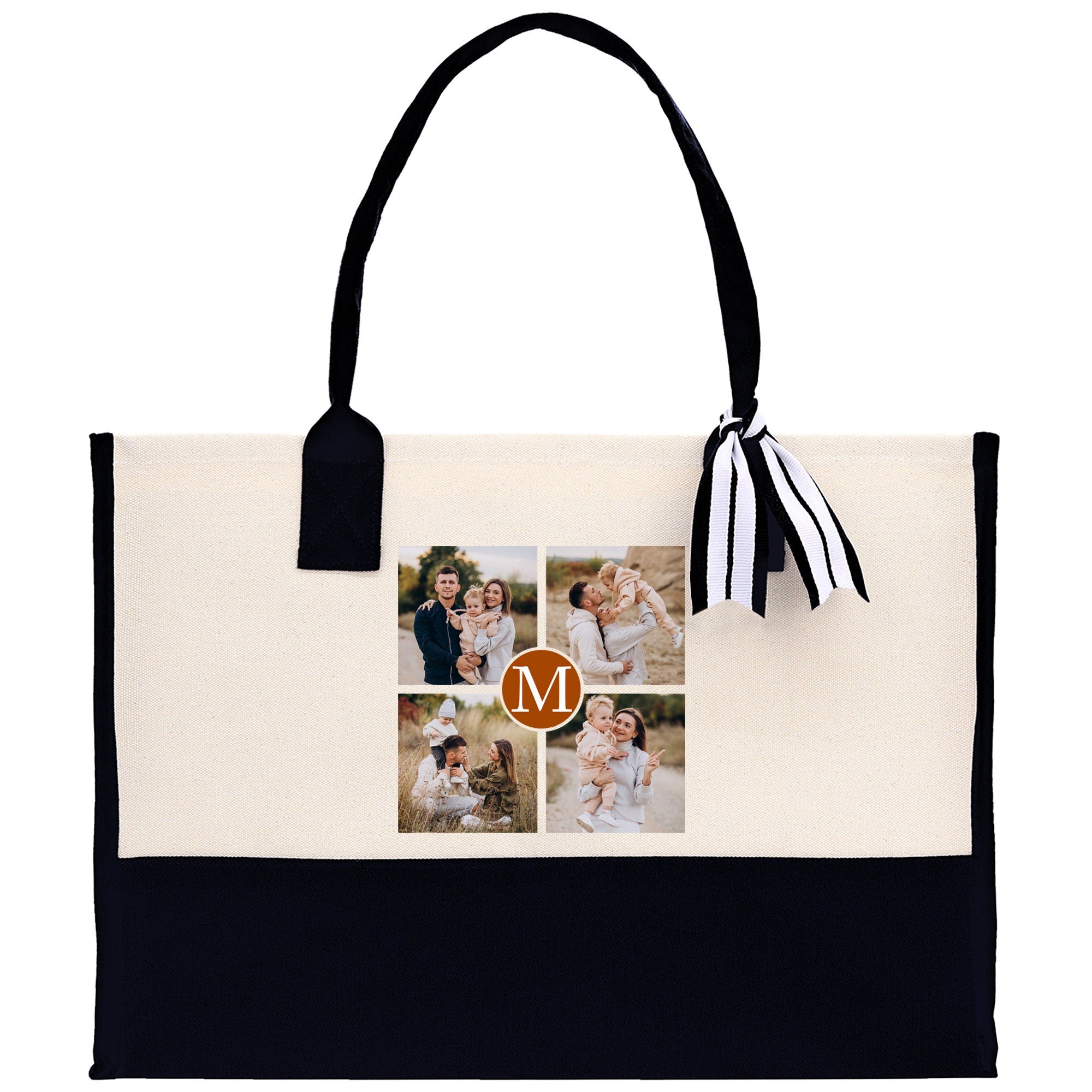 Custom Family Photo Collage and Initial Cotton Canvas Tote Bag Personalized Photo Tote Parent Gift Mothers Day Gift Picture Image Tote - Aaria Tees Aaria Tees
