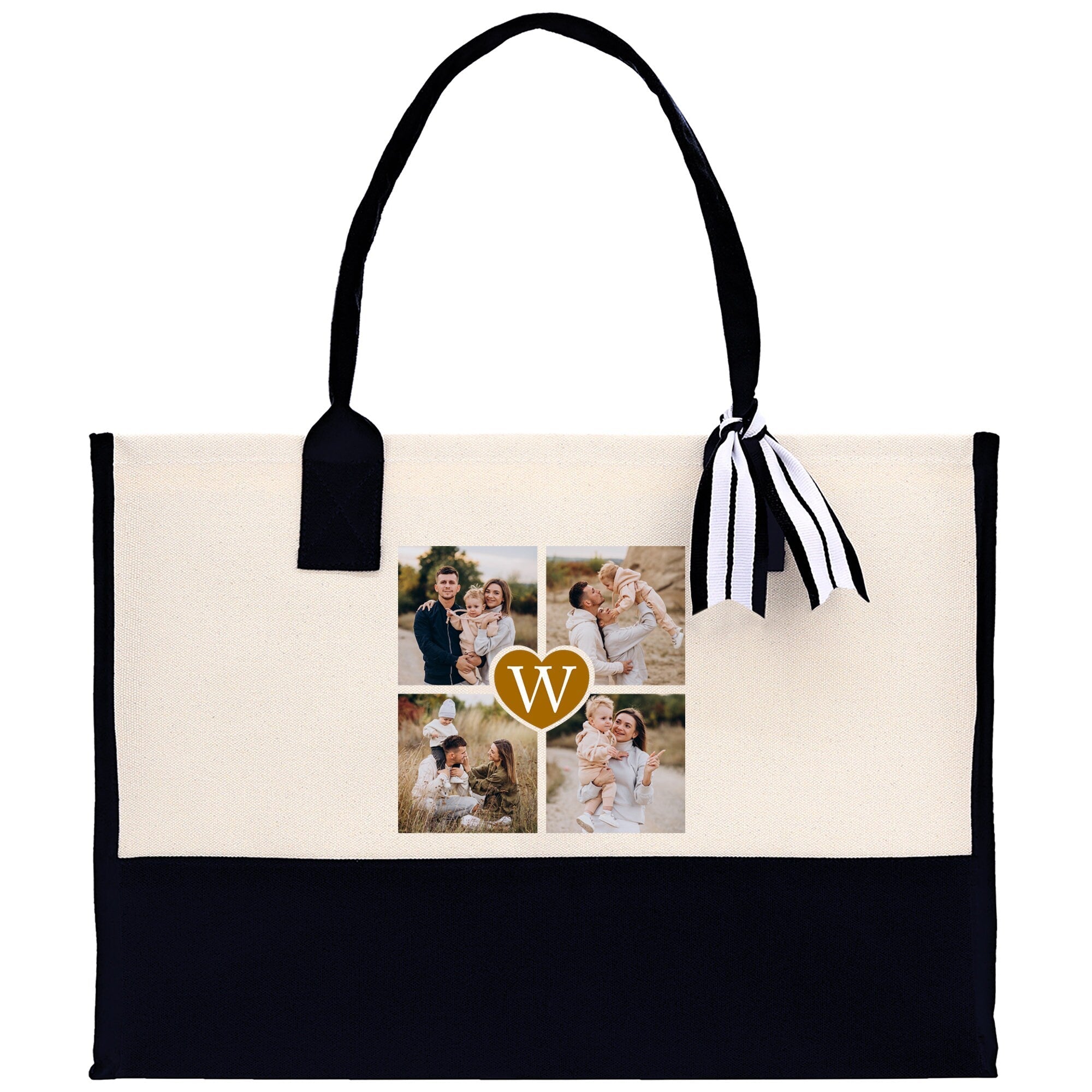 Custom Family Photo Collage and Initial Cotton Canvas Tote Bag Personalized Photo Tote Parent Gift Mothers Day Gift Picture Image Tote - Aaria Tees Aaria Tees