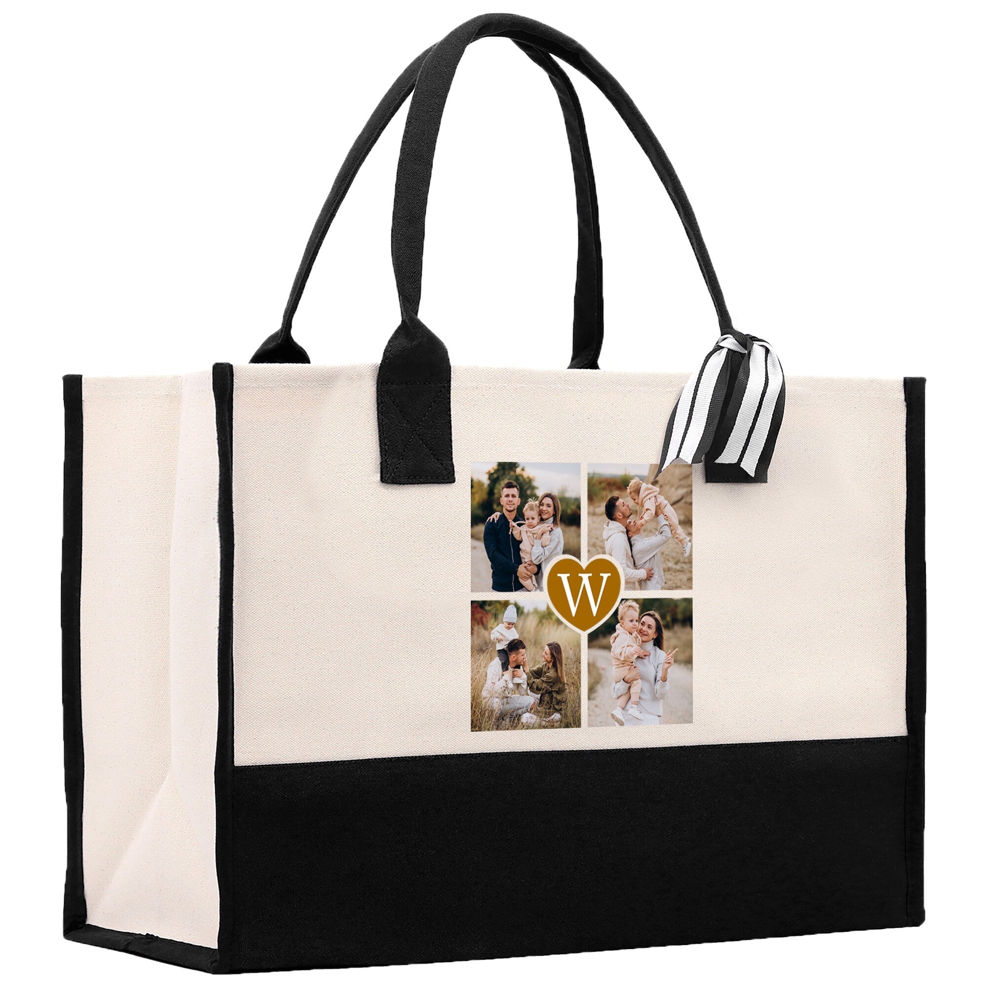 Custom Family Photo Collage and Initial Cotton Canvas Tote Bag Personalized Photo Tote Parent Gift Mothers Day Gift Picture Image Tote - Aaria Tees Aaria Tees