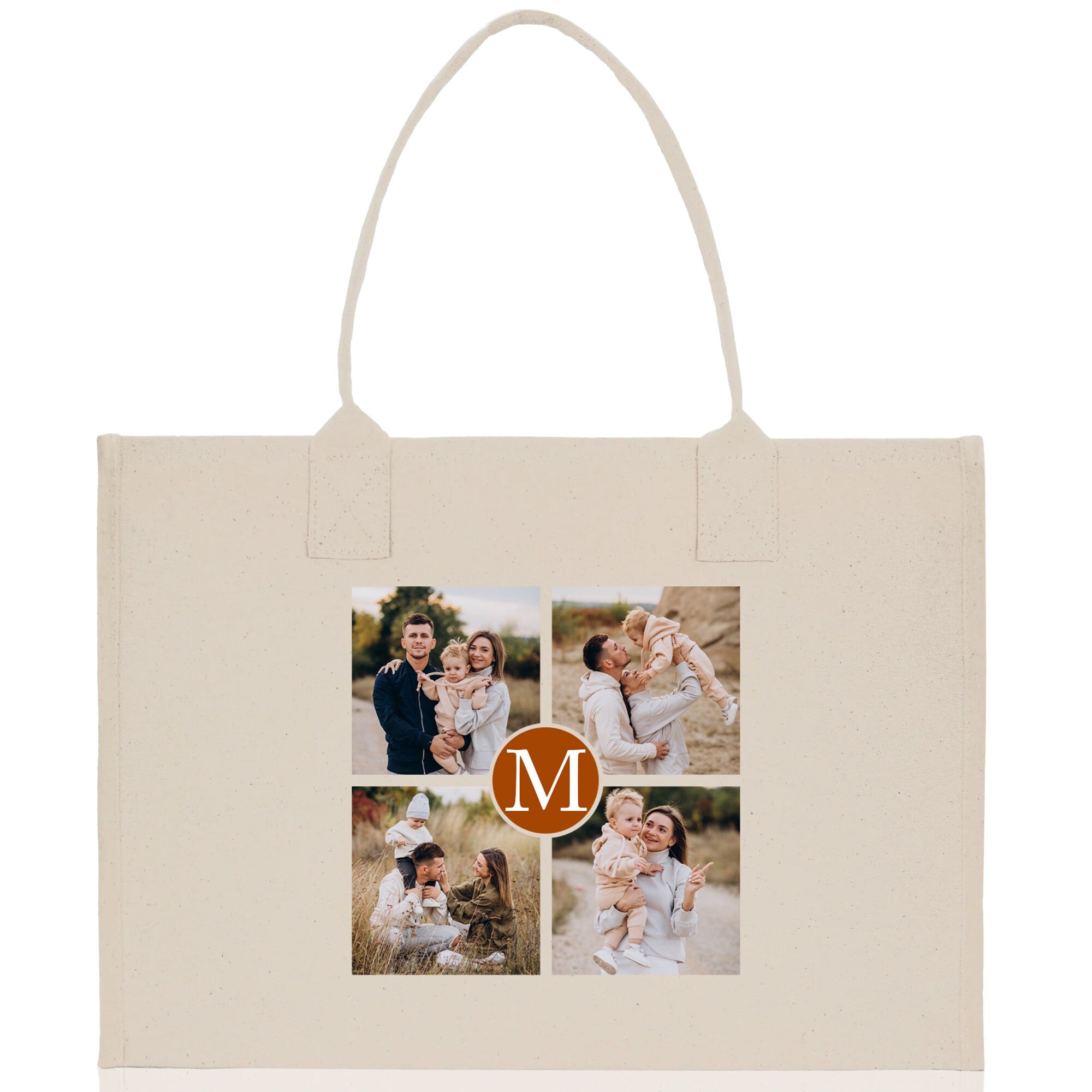 Custom Family Photo Collage and Initial Cotton Canvas Tote Bag Personalized Photo Tote Parent Gift Mothers Day Gift Picture Image Tote - Aaria Tees Aaria Tees