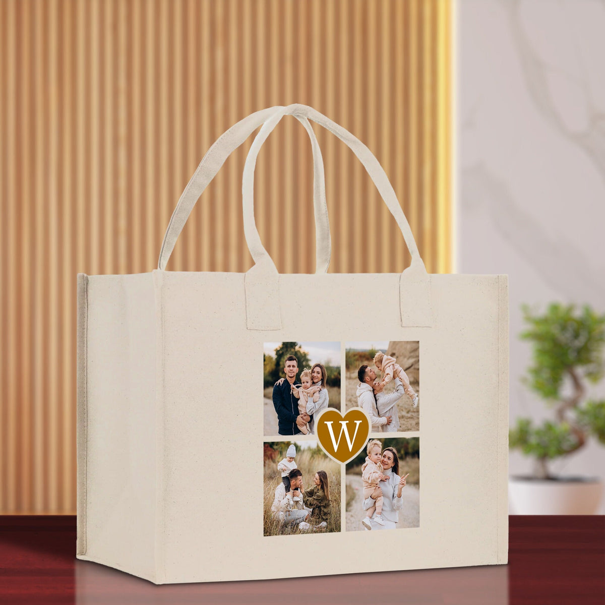 Custom Family Photo Collage and Initial Cotton Canvas Tote Bag Personalized Photo Tote Parent Gift Mothers Day Gift Picture Image Tote - Aaria Tees