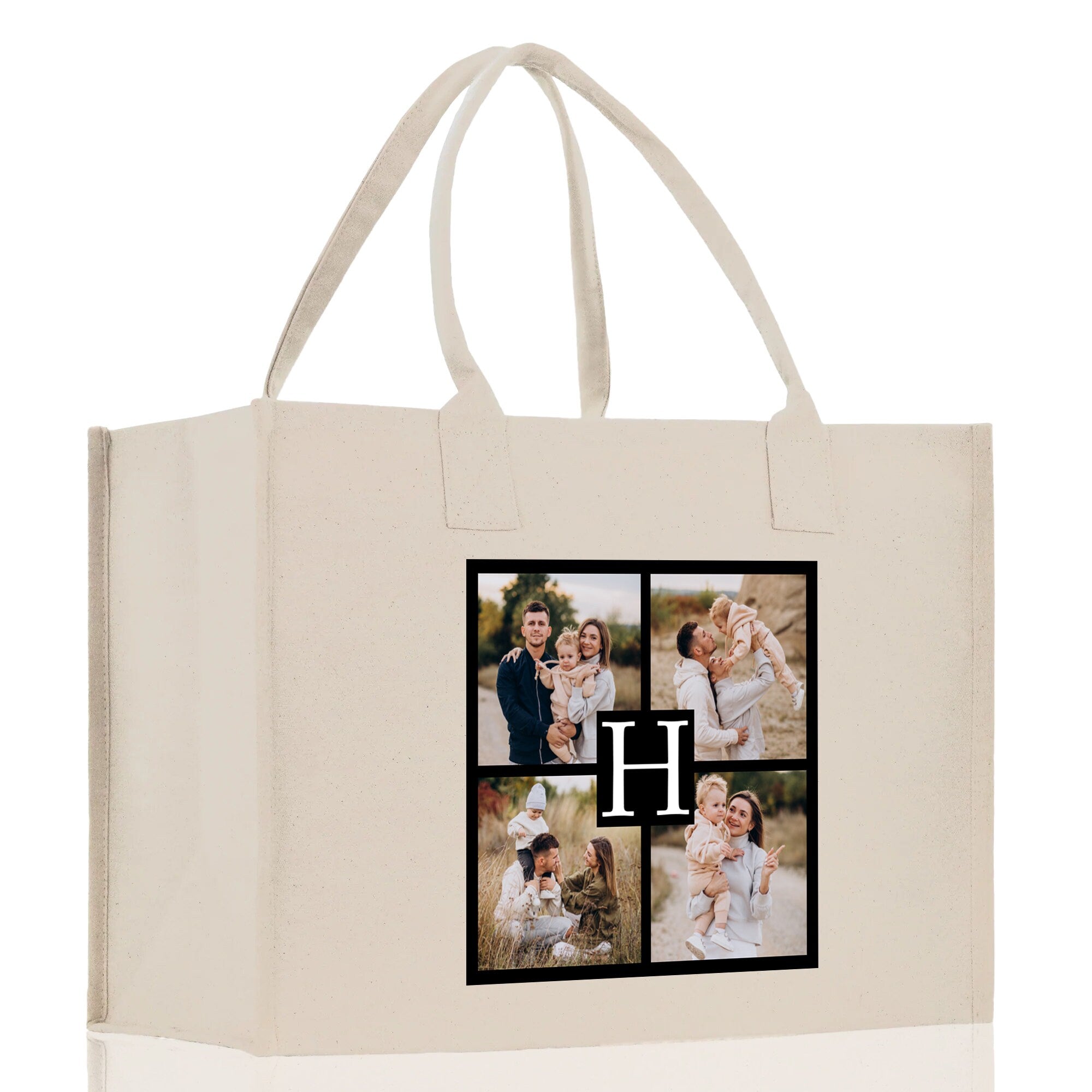 Custom Family Photo Collage and Initial Cotton Canvas Tote Bag Personalized Photo Tote Parent Gift Mothers Day Gift Picture Image Tote - Aaria Tees Aaria Tees