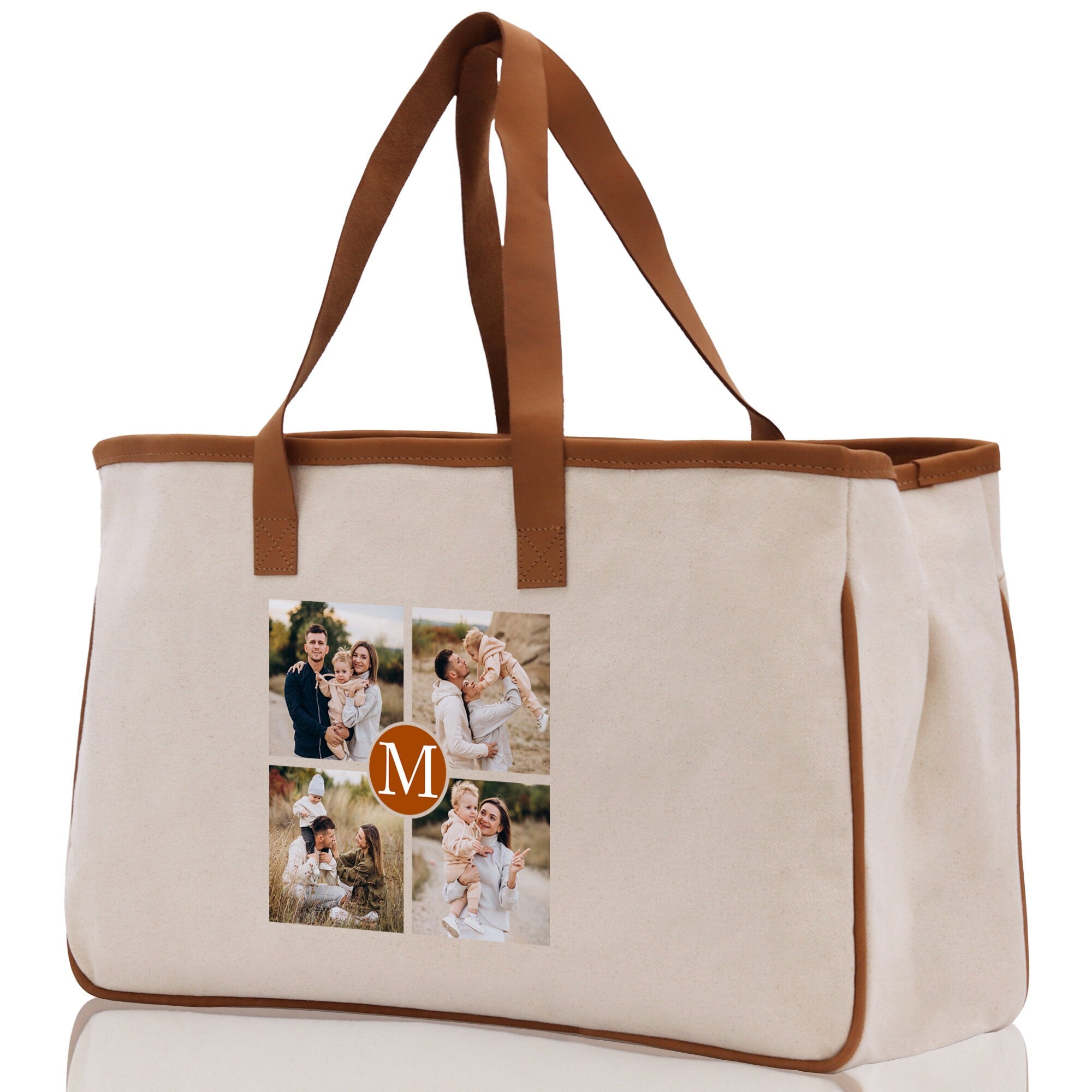 Custom Family Photo Collage and Initial Cotton Canvas Tote Bag Personalized Photo Tote Parent Gift Mothers Day Gift Picture Image Tote - Aaria Tees Aaria Tees