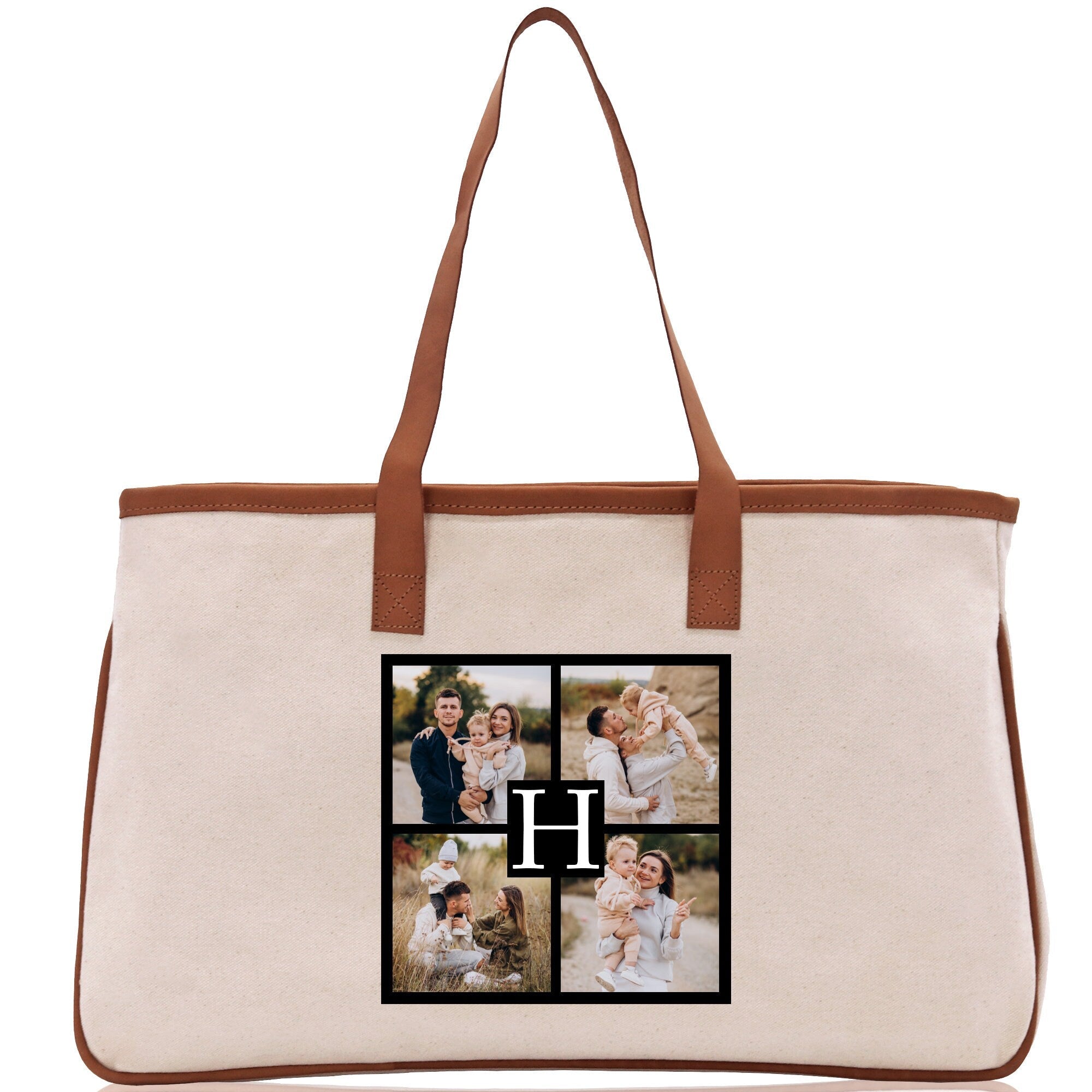 Custom Family Photo Collage and Initial Cotton Canvas Tote Bag Personalized Photo Tote Parent Gift Mothers Day Gift Picture Image Tote - Aaria Tees Aaria Tees