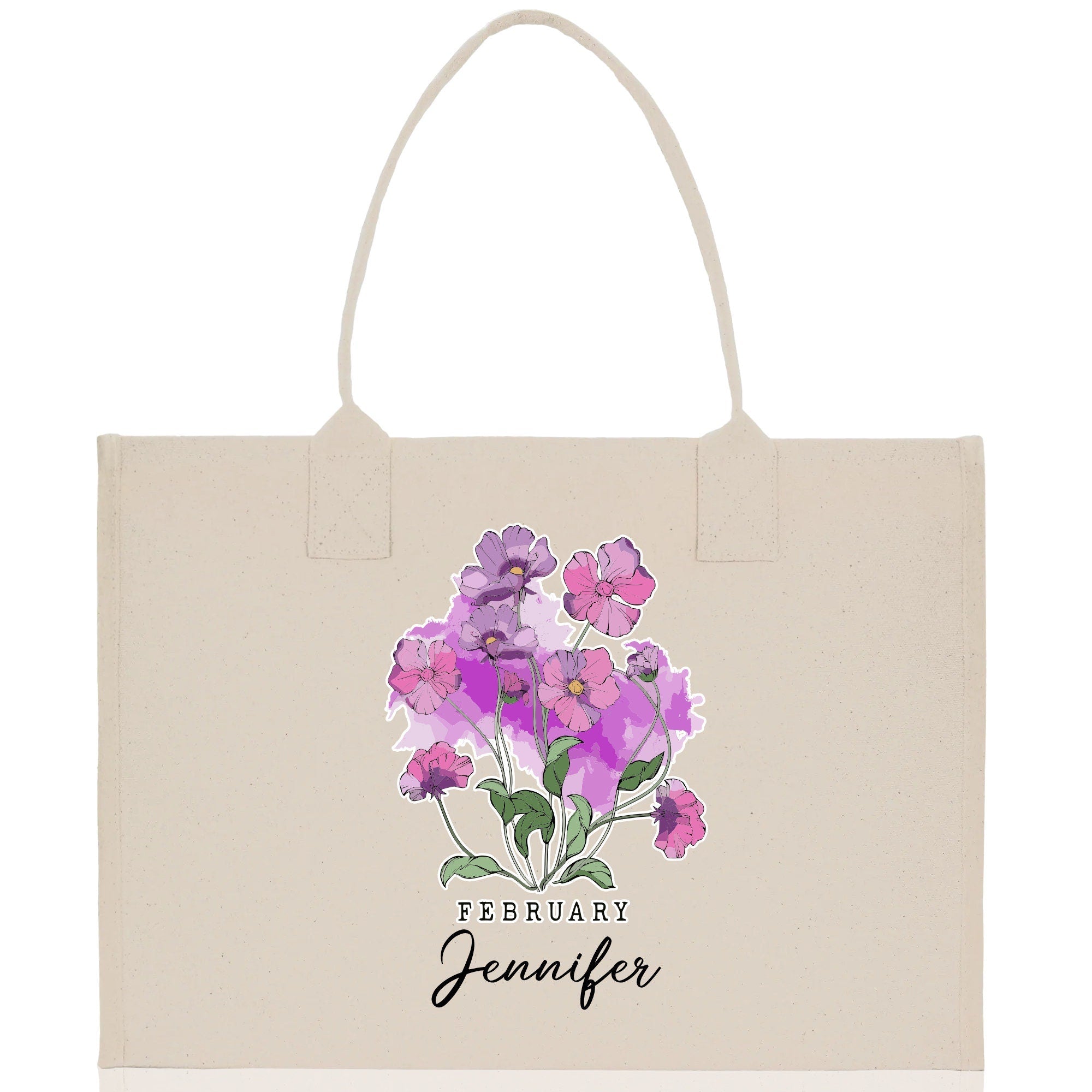 February Birth Month Flower Personalized Name Cotton Canvas Tote Bag Custom Flower Birthday Gift Bag Wedding Gift for Her Bridal Bridesmaid - Aaria Tees Aaria Tees