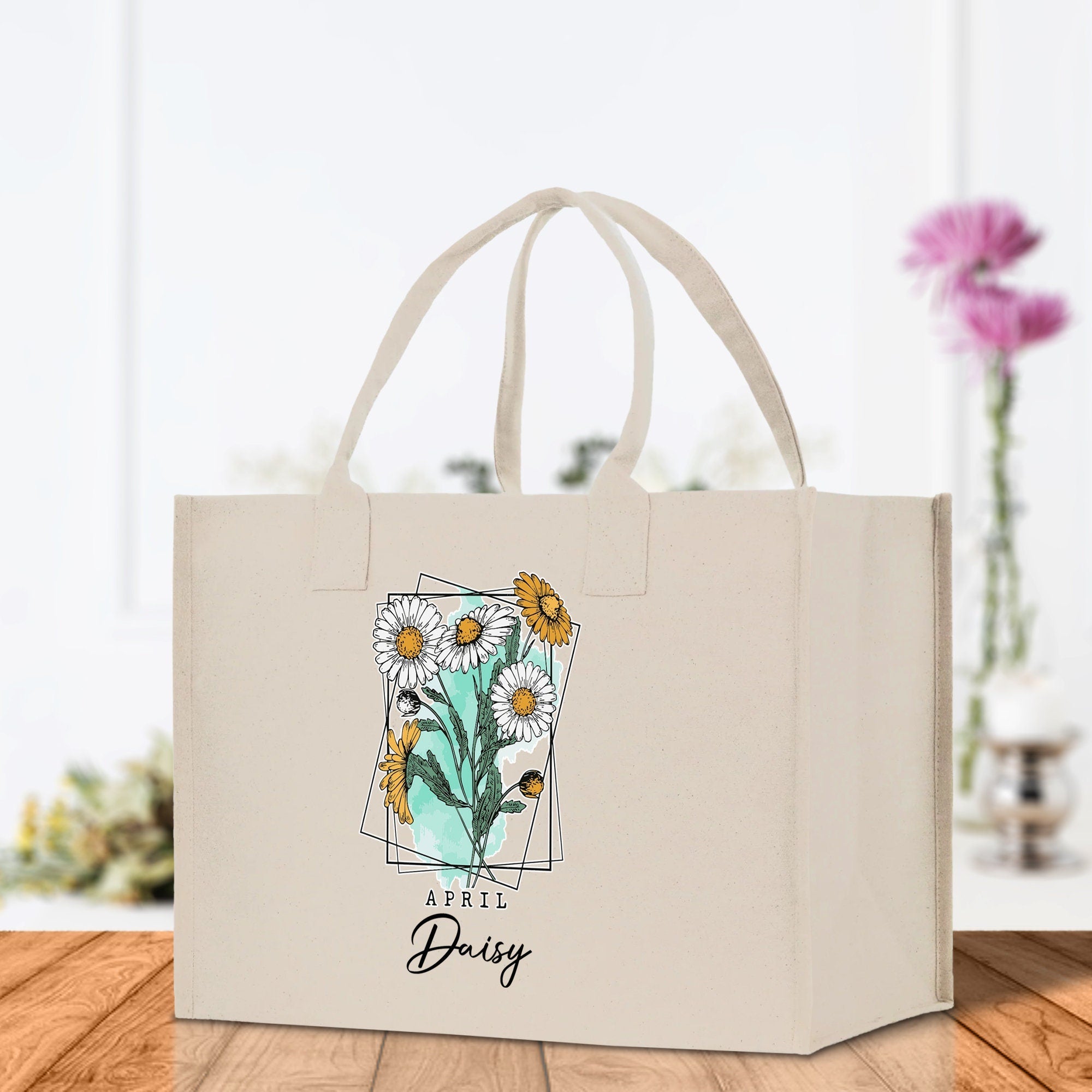 April Birth Month Flower Personalized Name Cotton Canvas Tote Bag Custom Flower Birthday Gift Bag Wedding Gift for Her Bridal Bridesmaid - Aaria Tees Aaria Tees